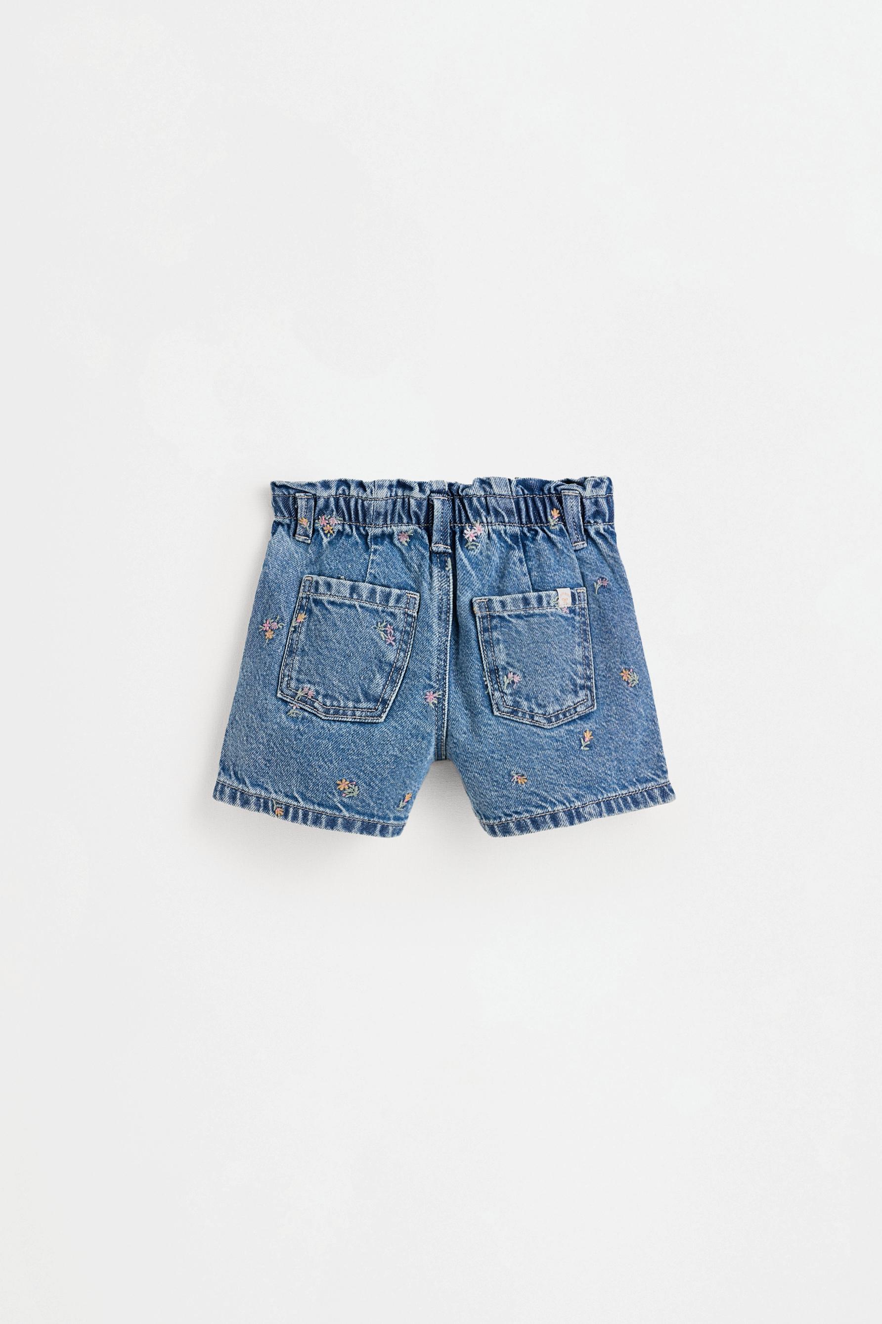 Embroidered paperbag denim shorts — NAVY