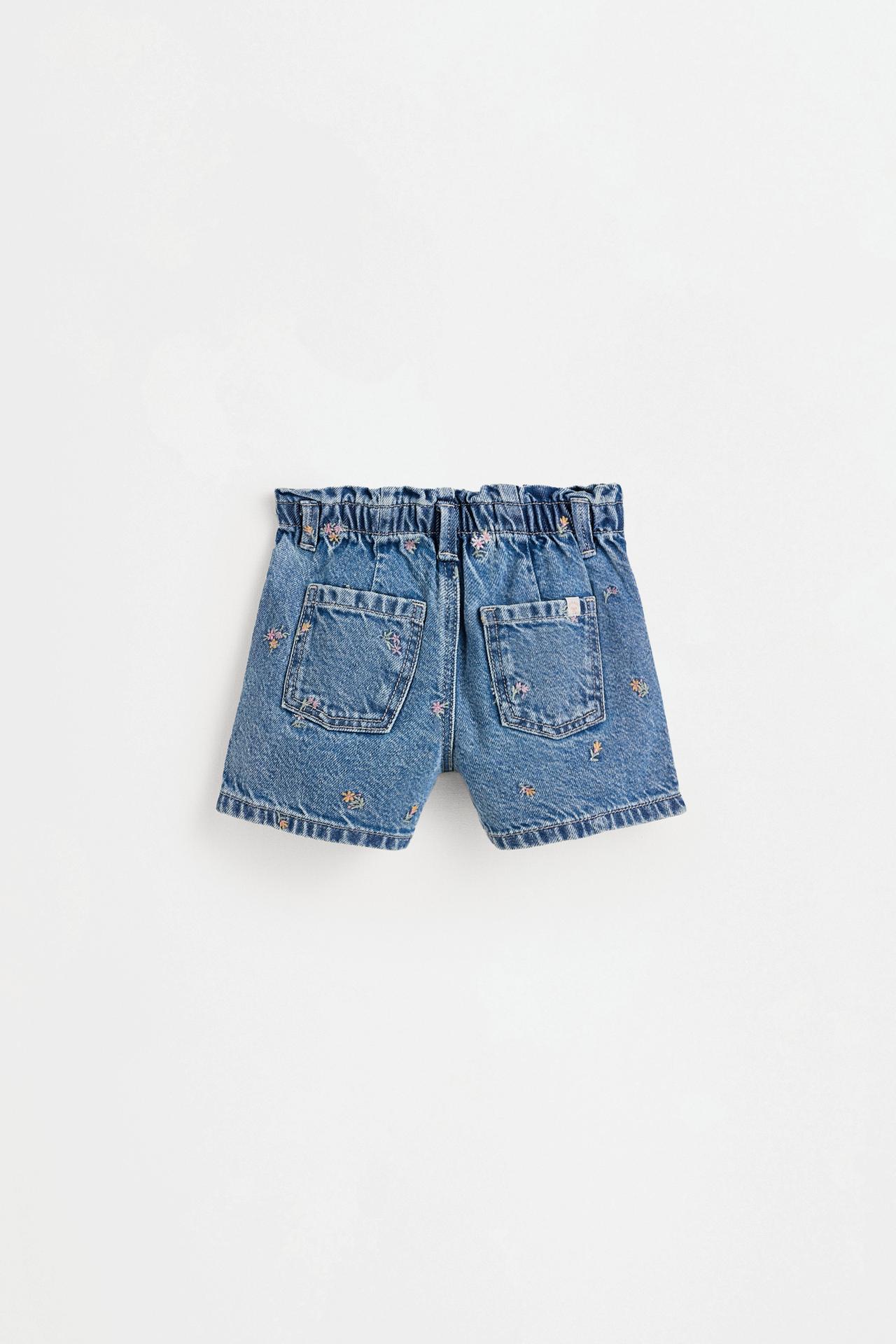 Embroidered paperbag denim shorts — NAVY