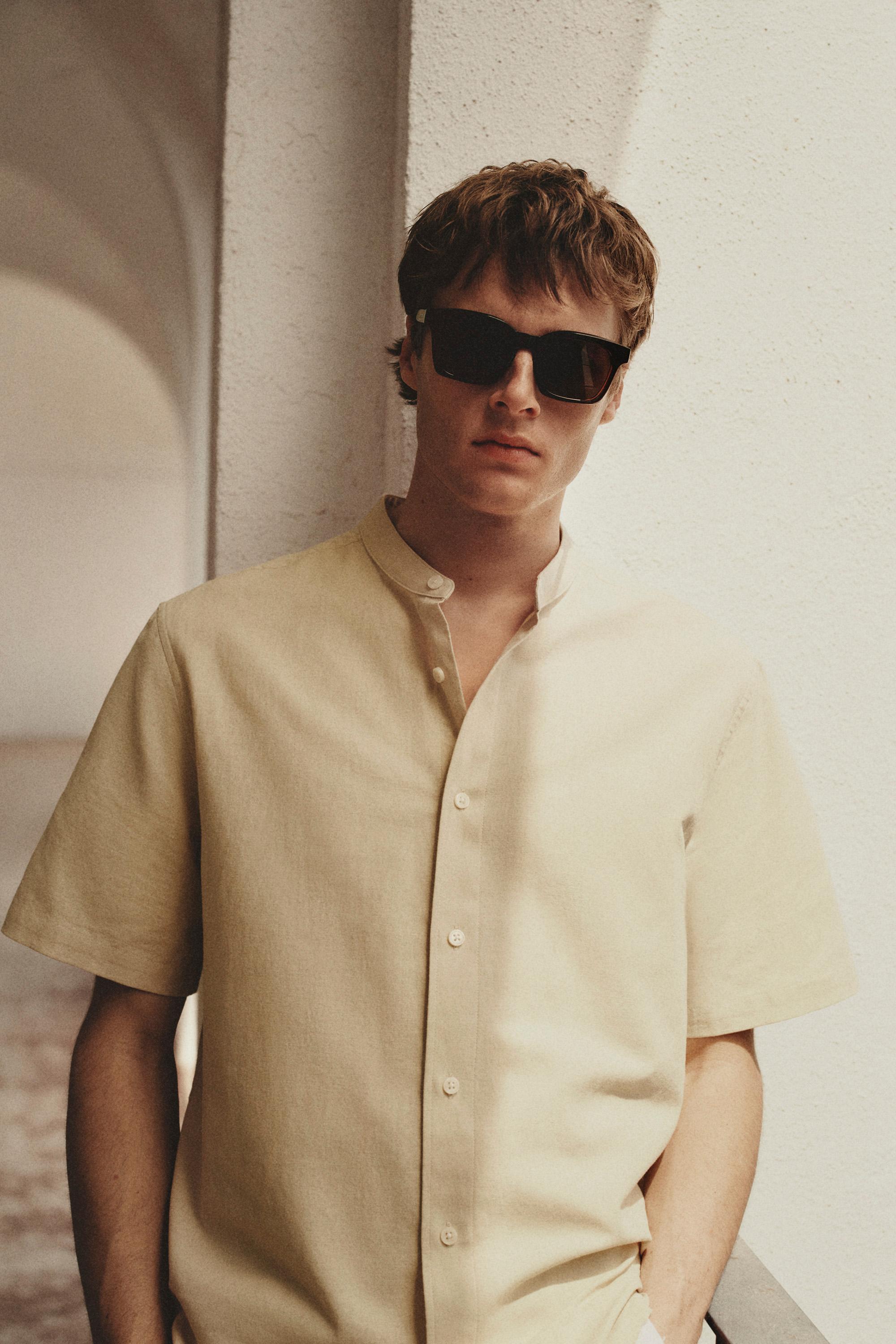 Linen-cotton stand collar shirt — YELLOW