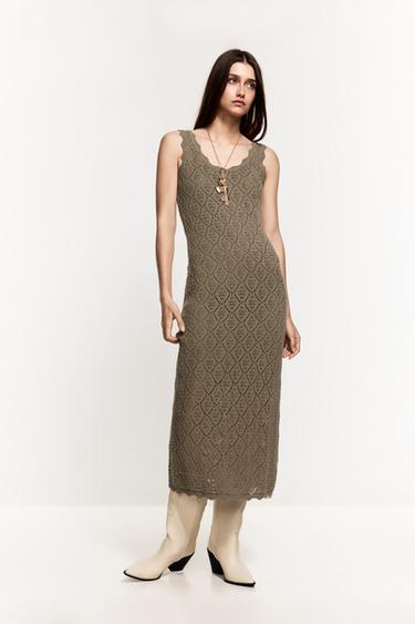 Cutwork knit midi dress — KHAKI 1