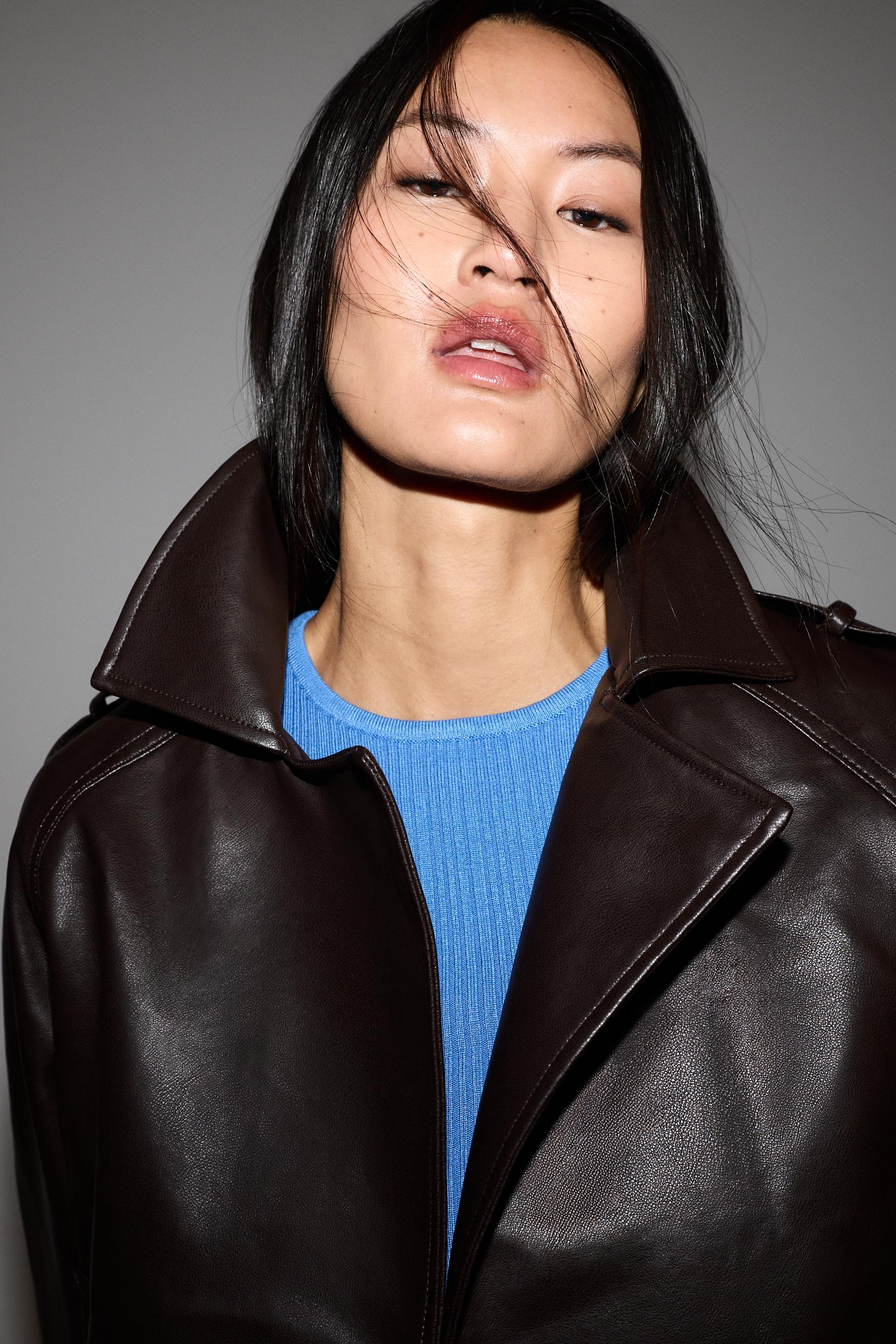 Leather effect short trench coat — DARK BROWN