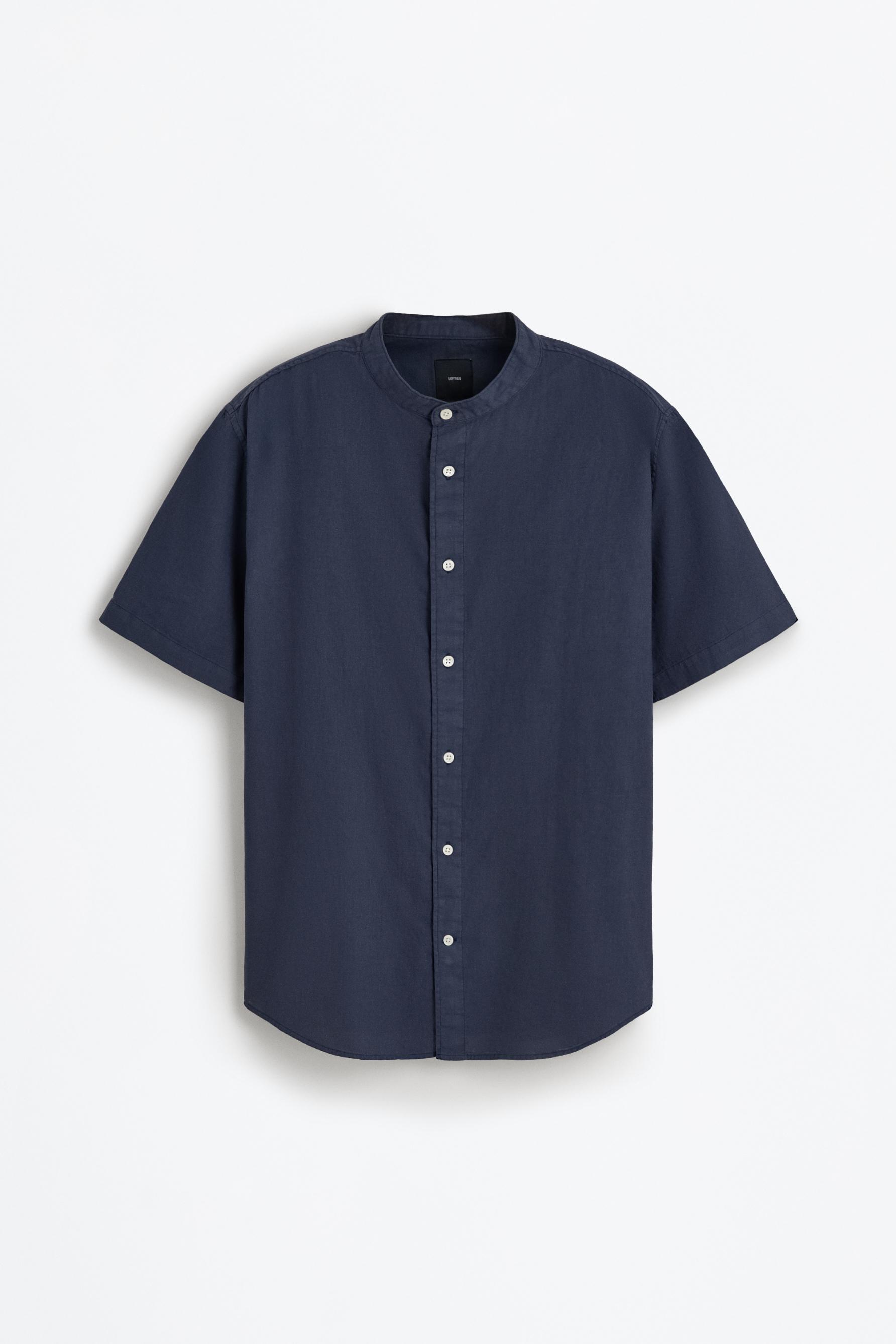 Linen-cotton stand collar shirt — NAVY