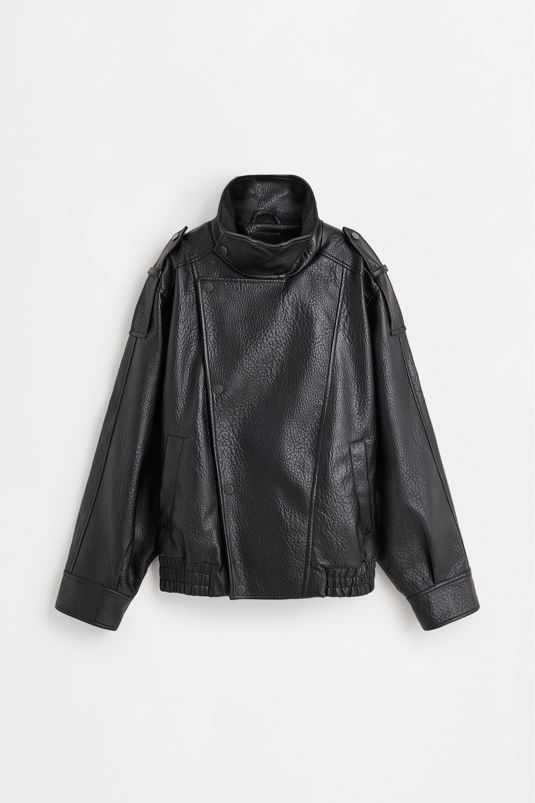 Oversize leather effect bomber jacket — BLACK