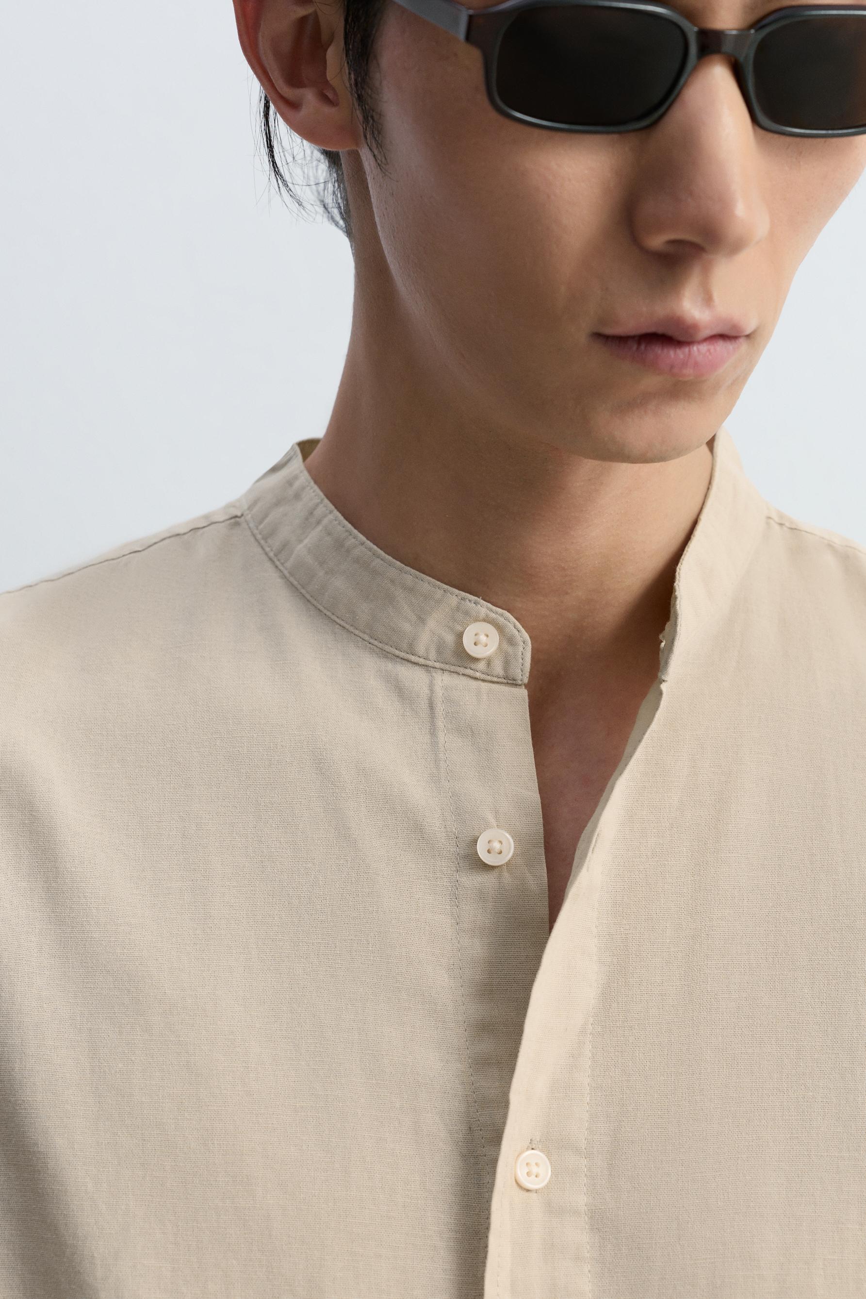Linen-cotton stand collar shirt — BEIGE