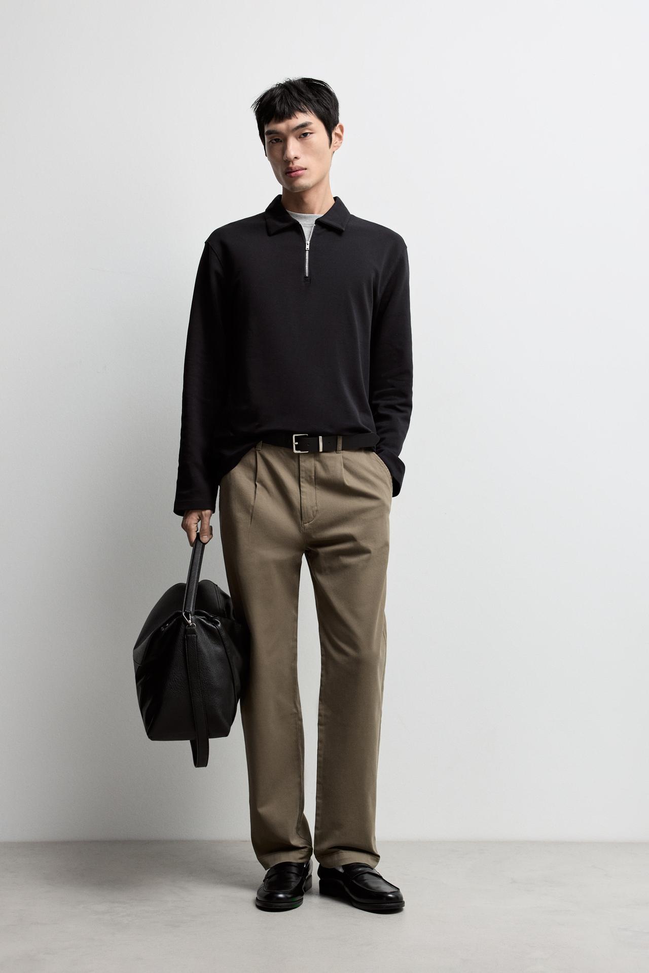 Textured zip-up polo shirt — NAVY