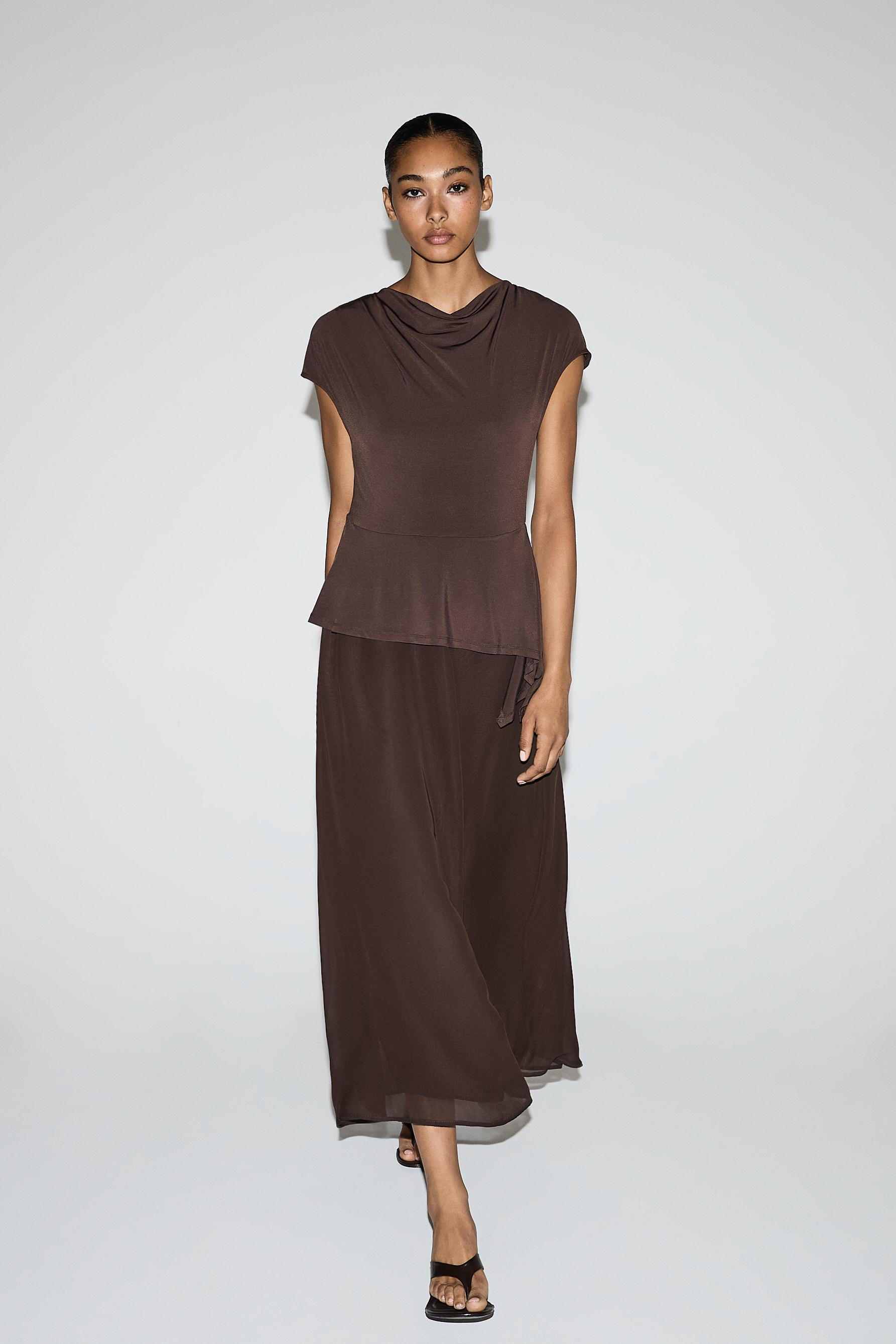 Mixed-fabric midi dress — CHOCOLATE
