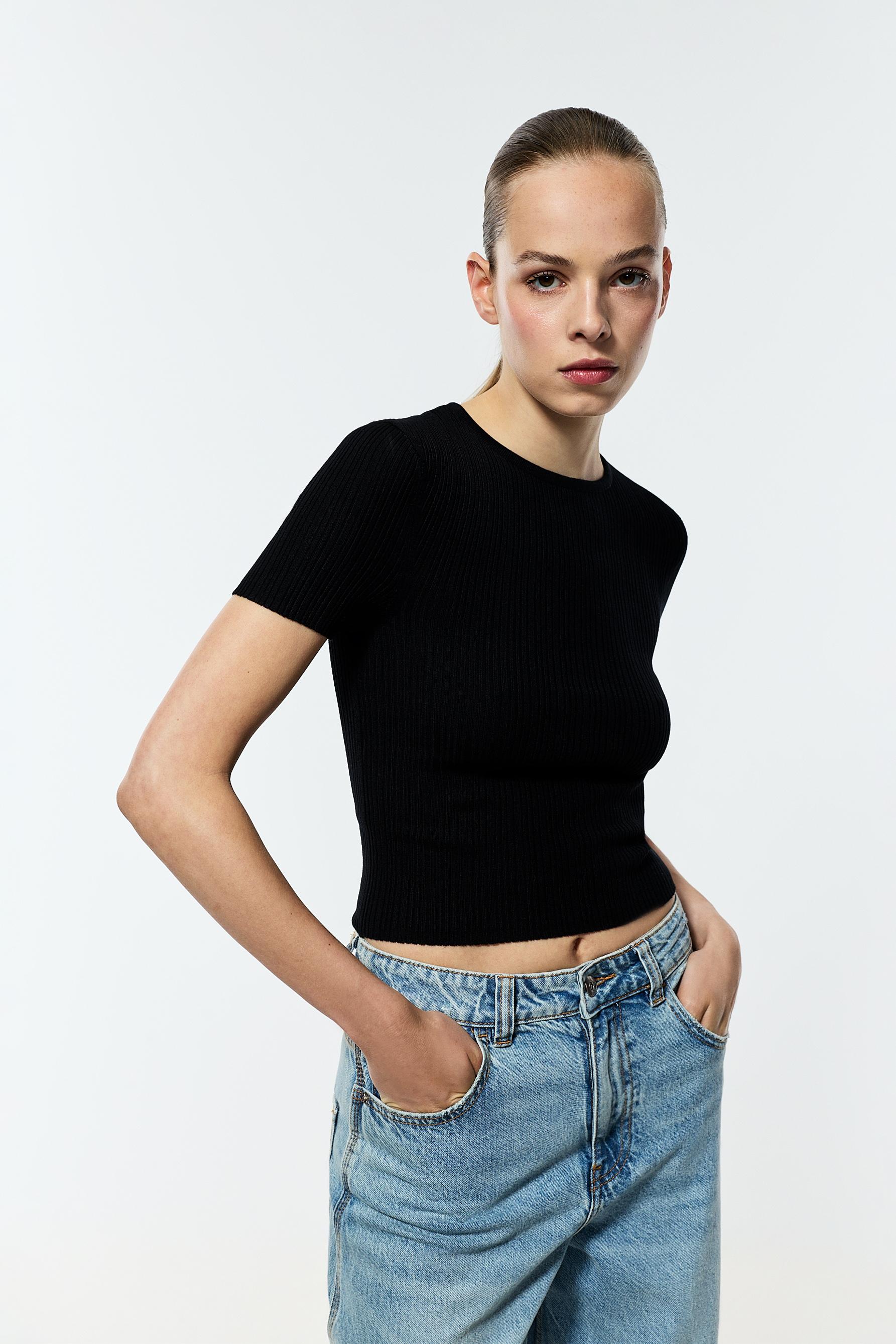 Basic ribbed knit top — BLACK