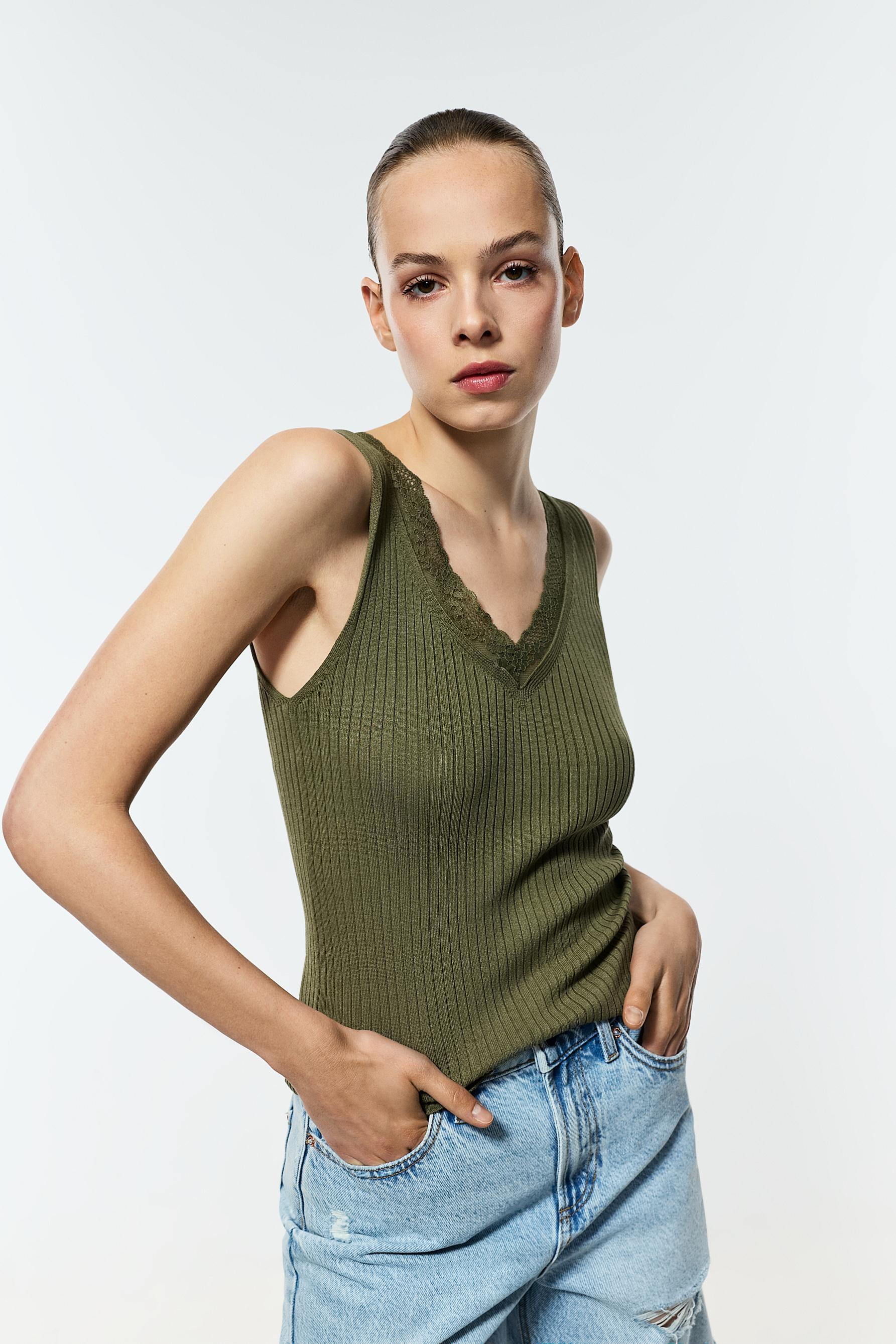 Ribbed lace knit top — KHAKI