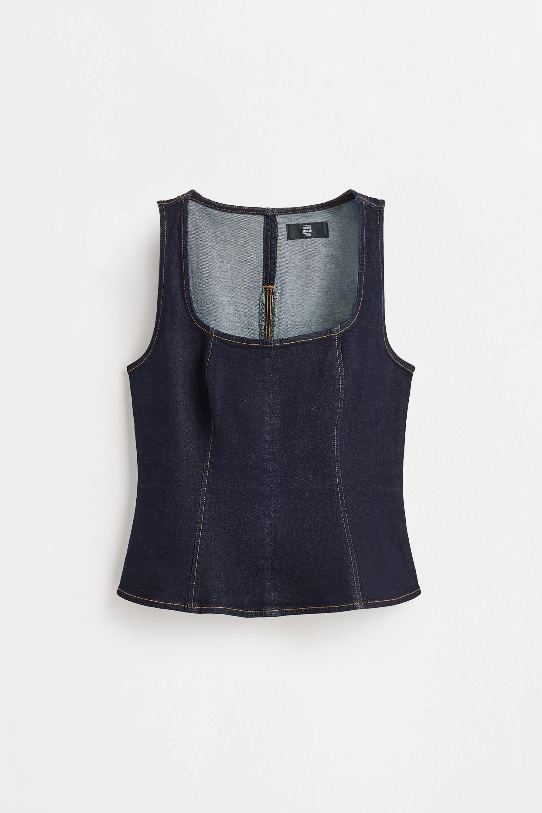Denim peplum top with contrast stitching — NAVY