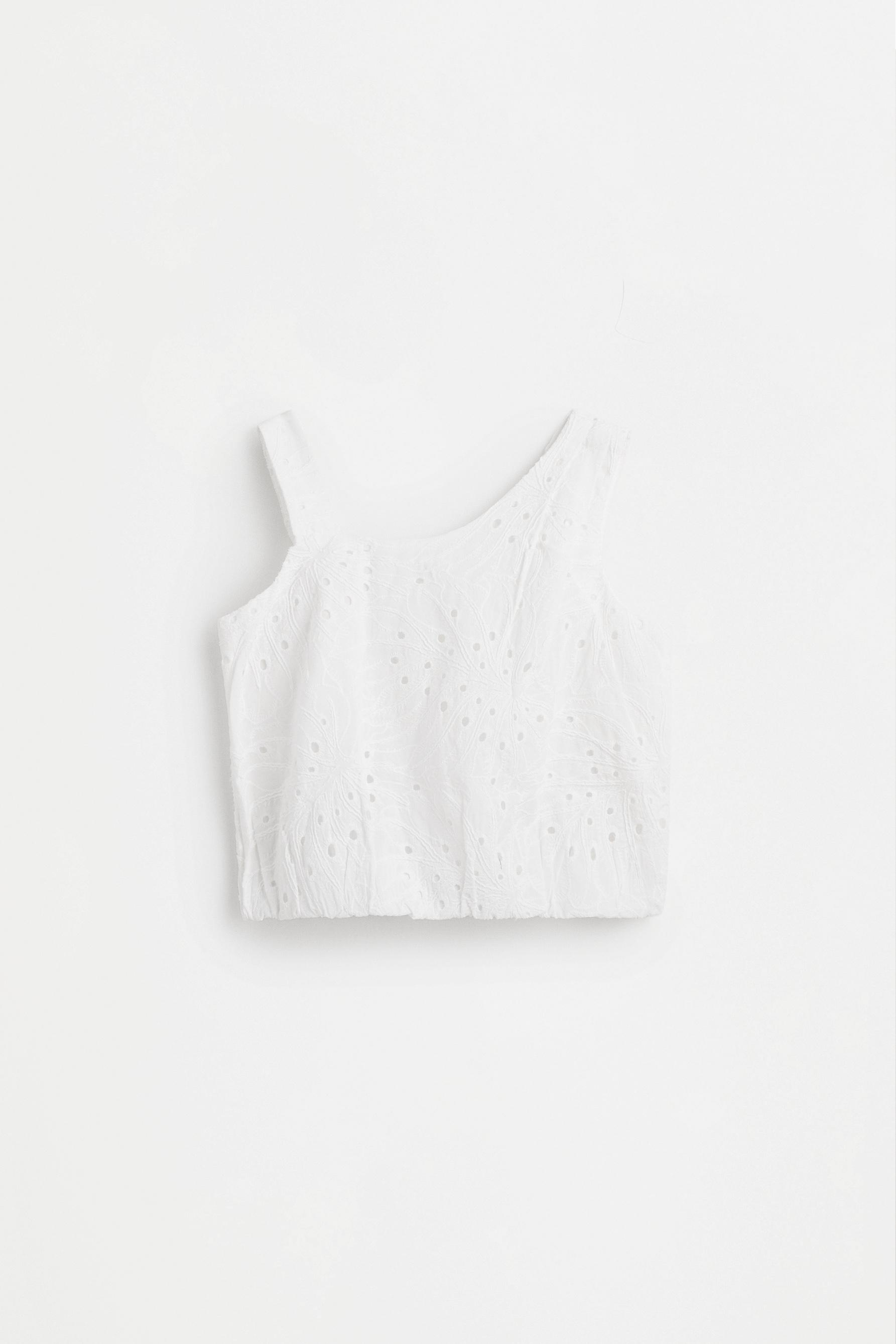 Swiss embroidery asymmetrical top — WHITE