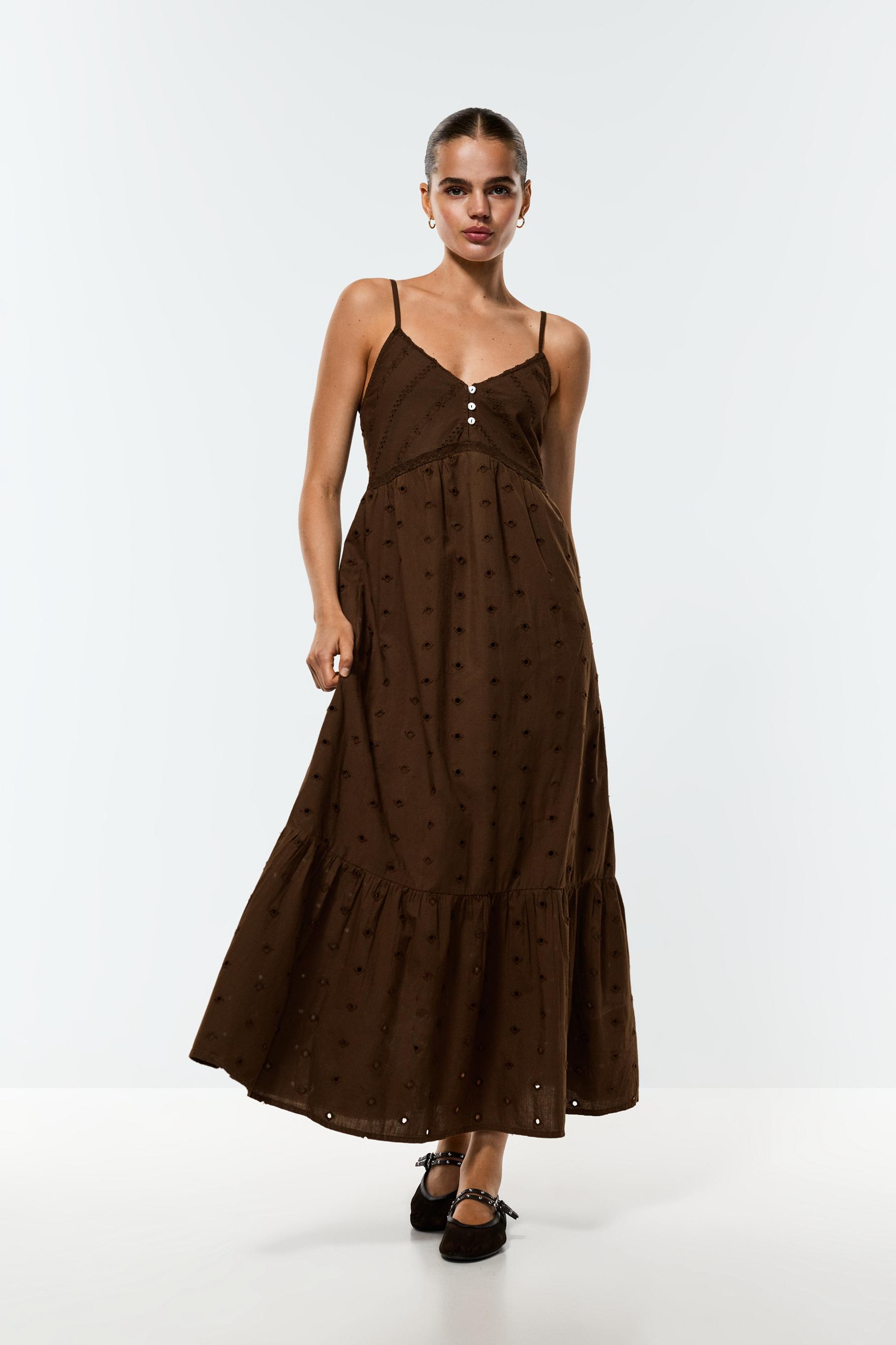 Swiss embroidery midi dress — DARK BROWN