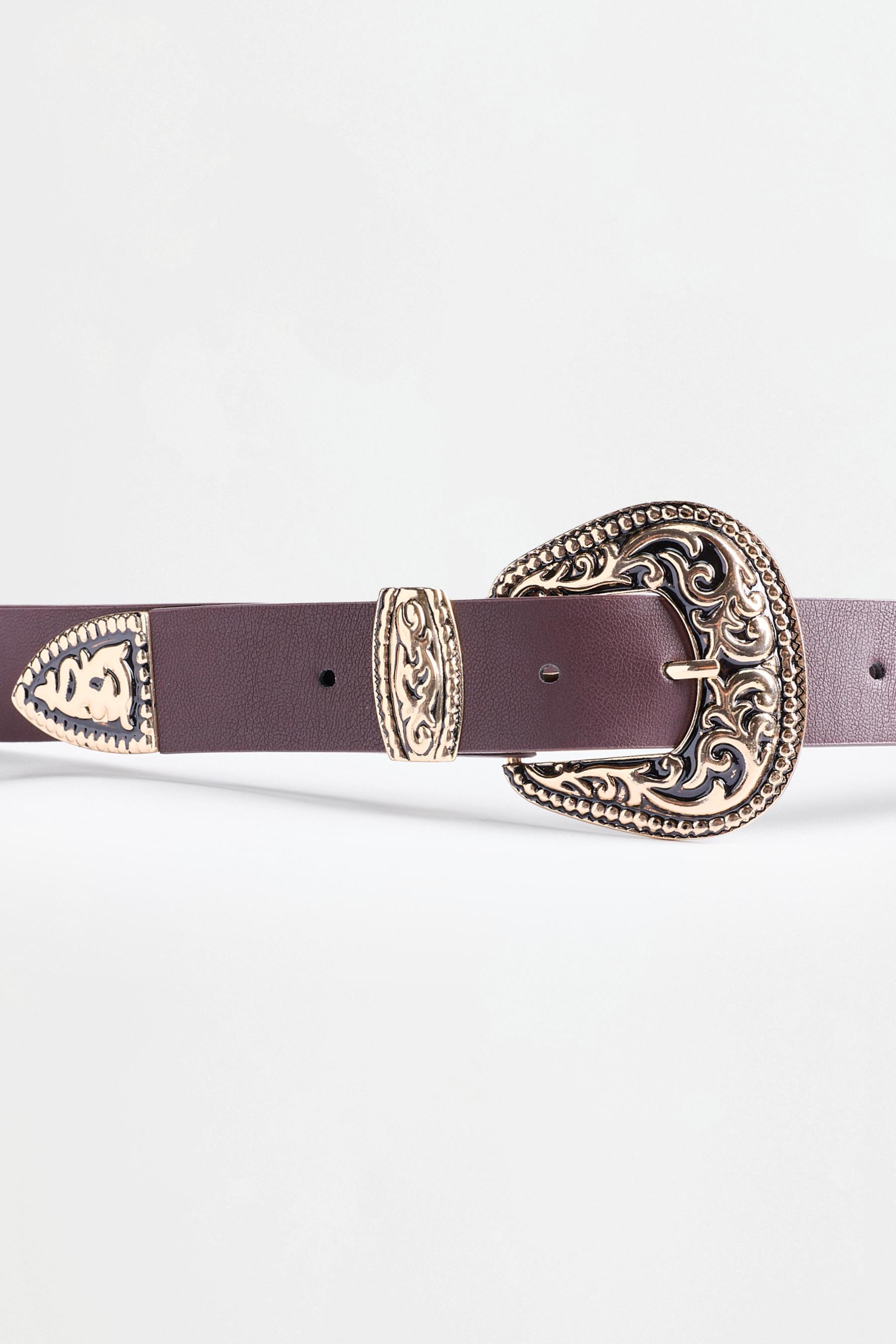 Wide belt with engraved buckle — BLACK-BROWN