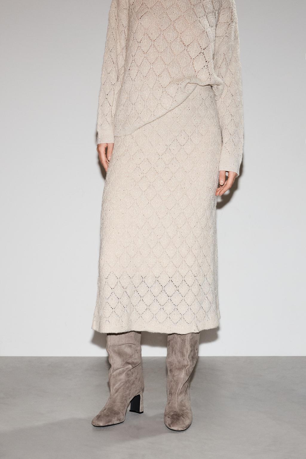 Shimmery cutwork knit midi skirt