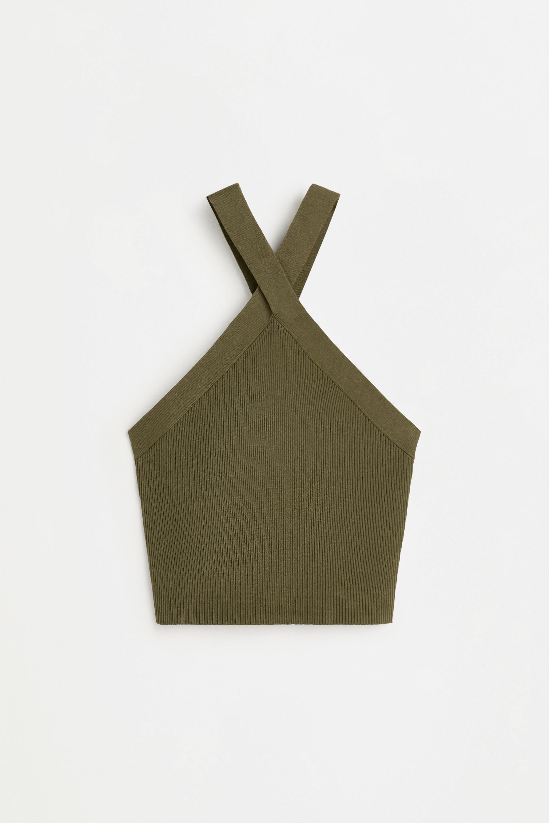 Criss-cross strap knit top — DARK KHAKI