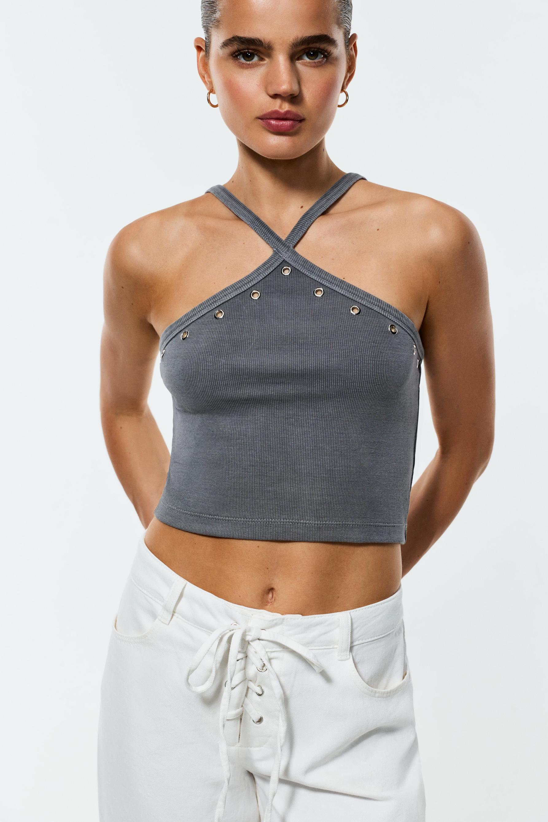 Eyelet halter top — PALE CHARCOAL
