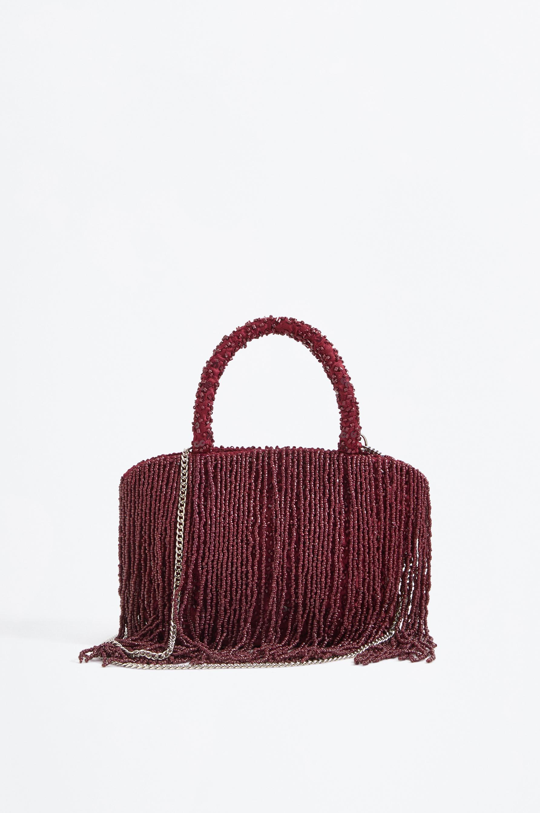 Mini shopper bag with beads and fringe — BURGUNDY