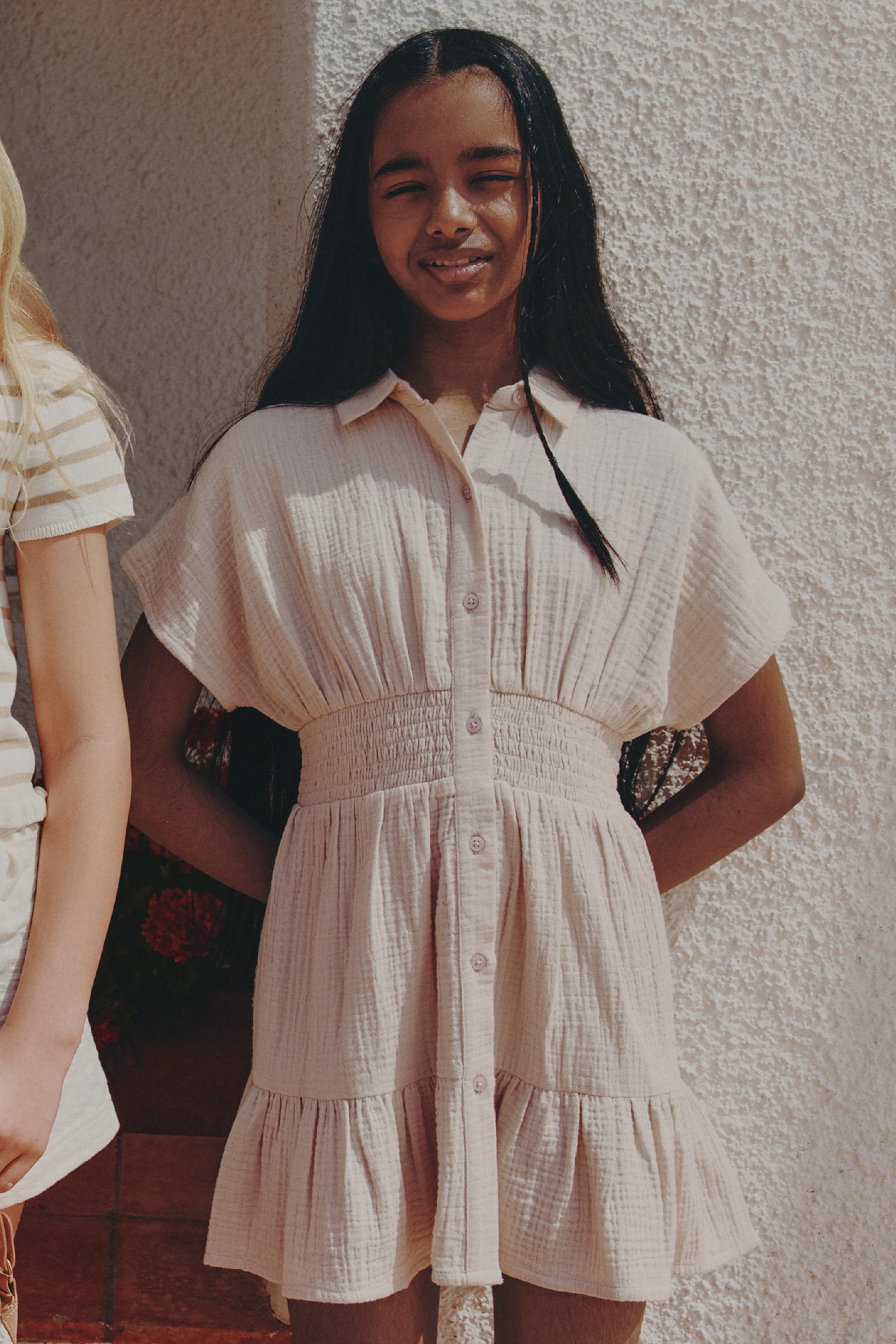 Elastic waist shirt dress — SAND
