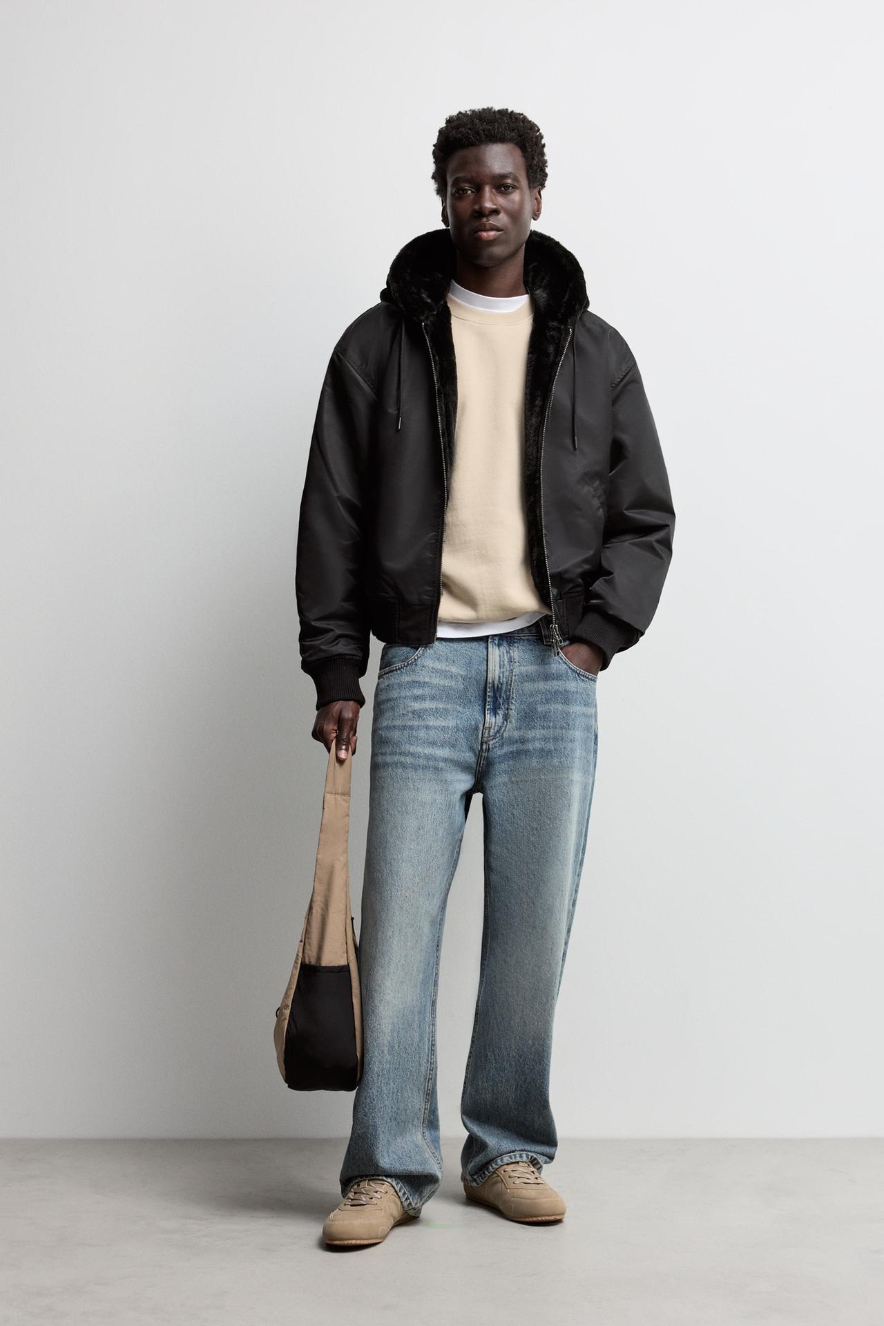 Fur bomber with hood — BLACK