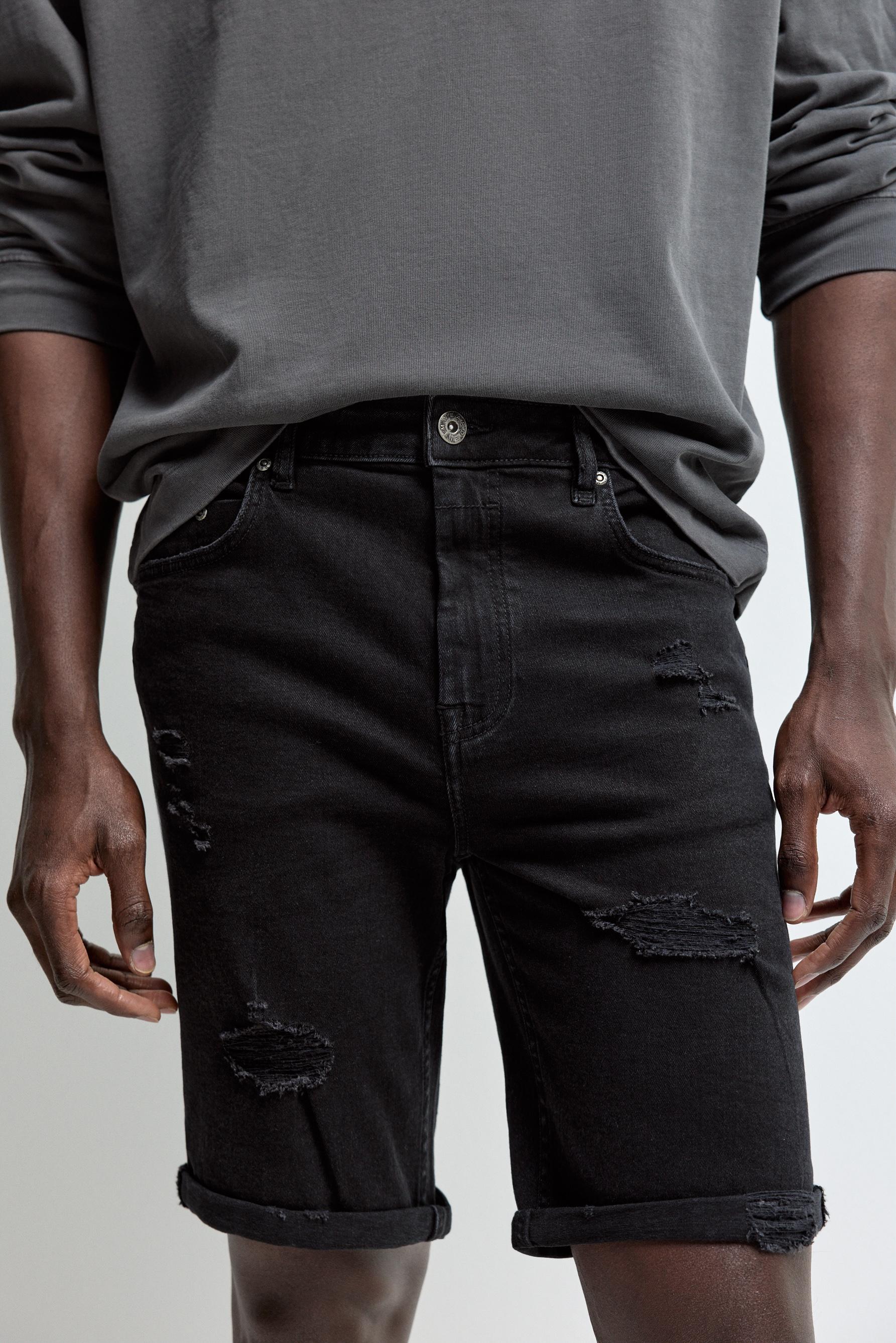Distressed skinny denim Bermuda shorts — BLACK
