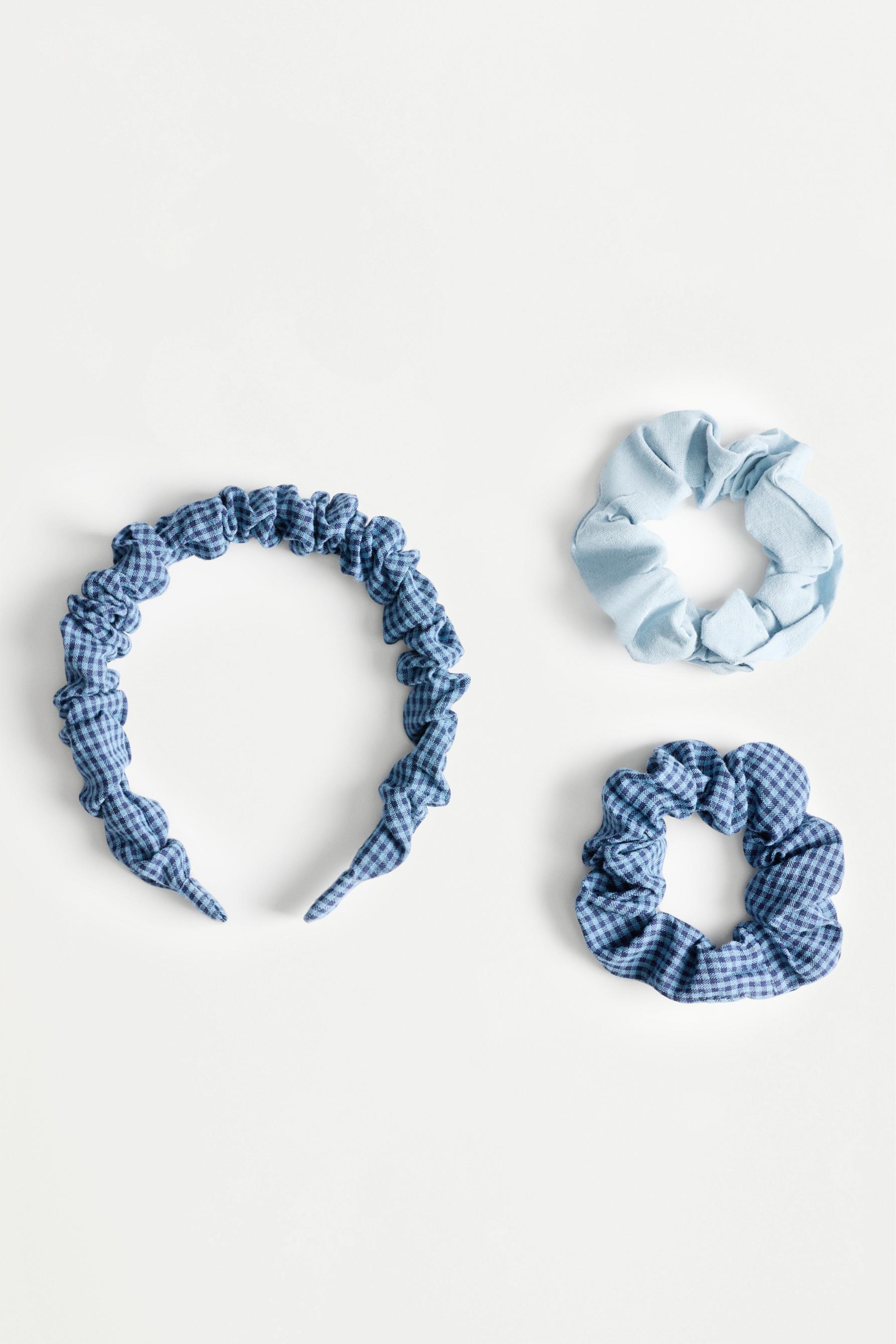 Gingham headband and scrunchies (3-piece set) — BLUE