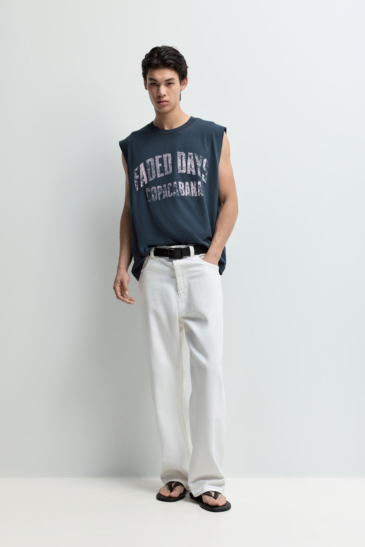 Faded-effect printed sleeveless T-shirt — DARK BLUE