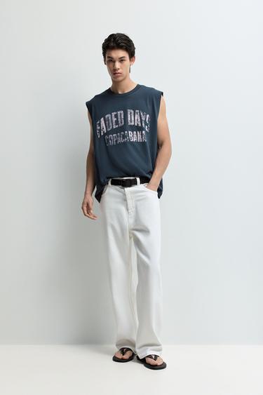 Faded-effect printed sleeveless T-shirt — DARK BLUE 2