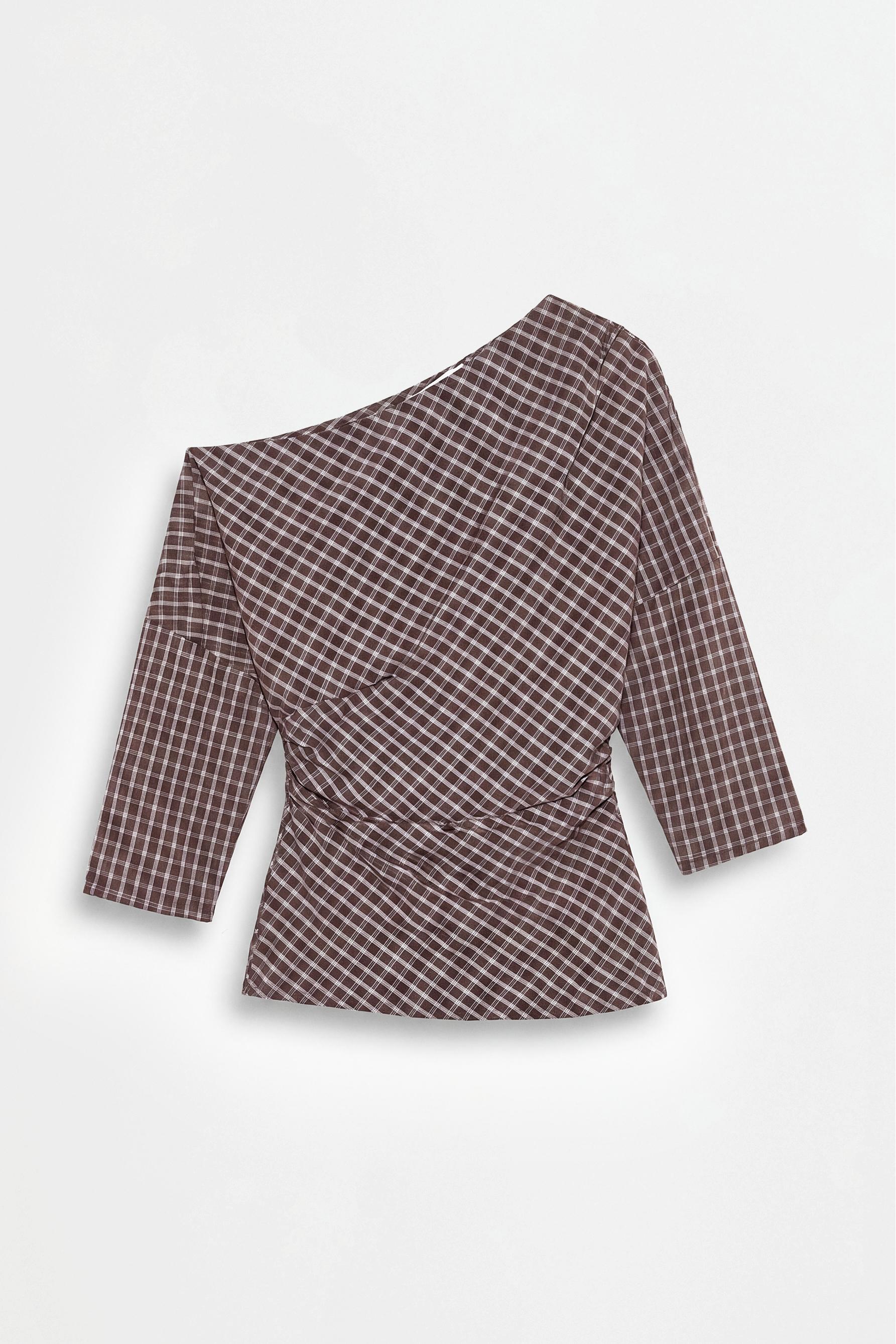 Asymmetric plaid top — BROWN