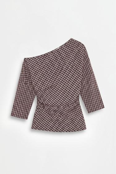 Asymmetric plaid top — BROWN 6