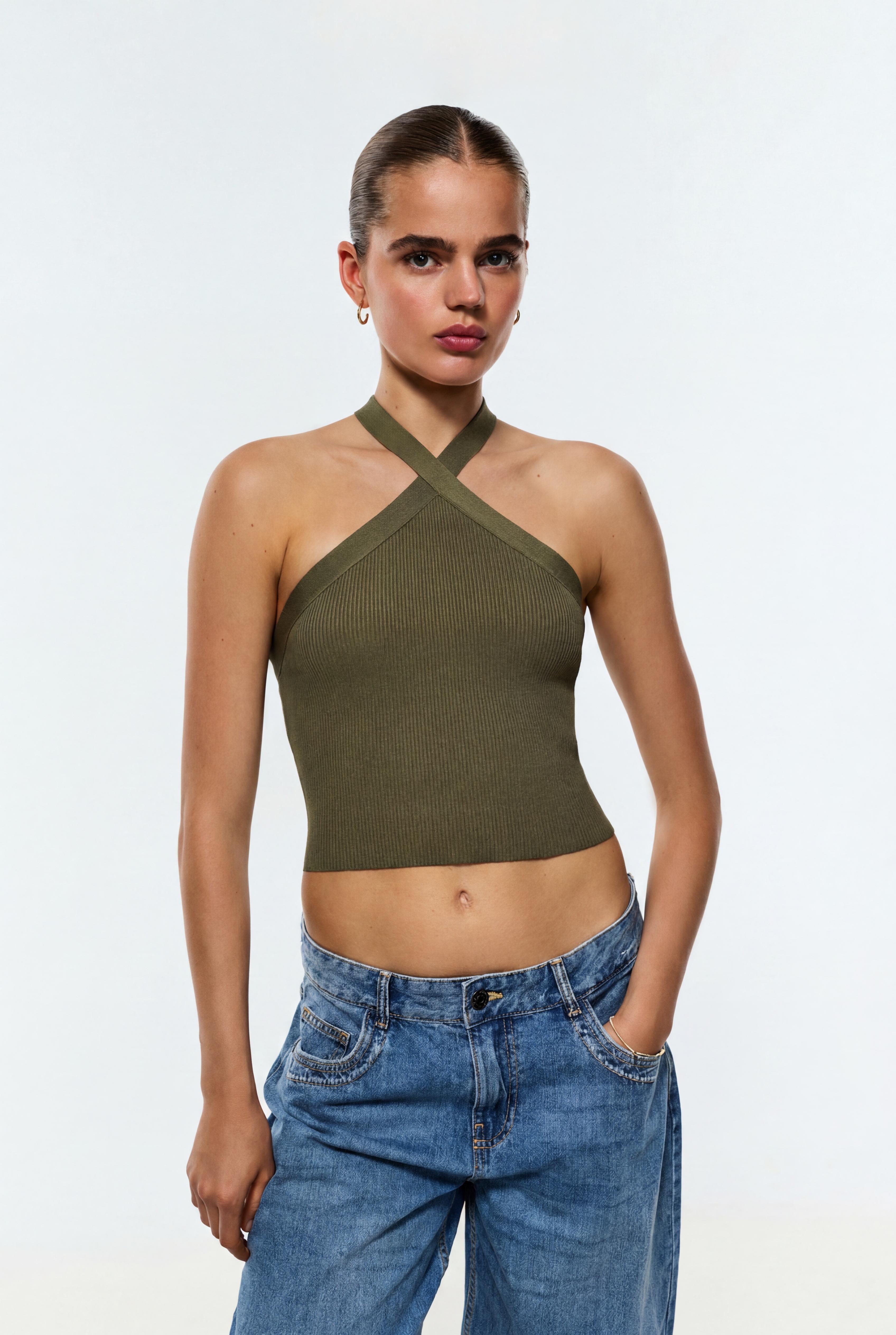 Criss-cross strap knit top — DARK KHAKI