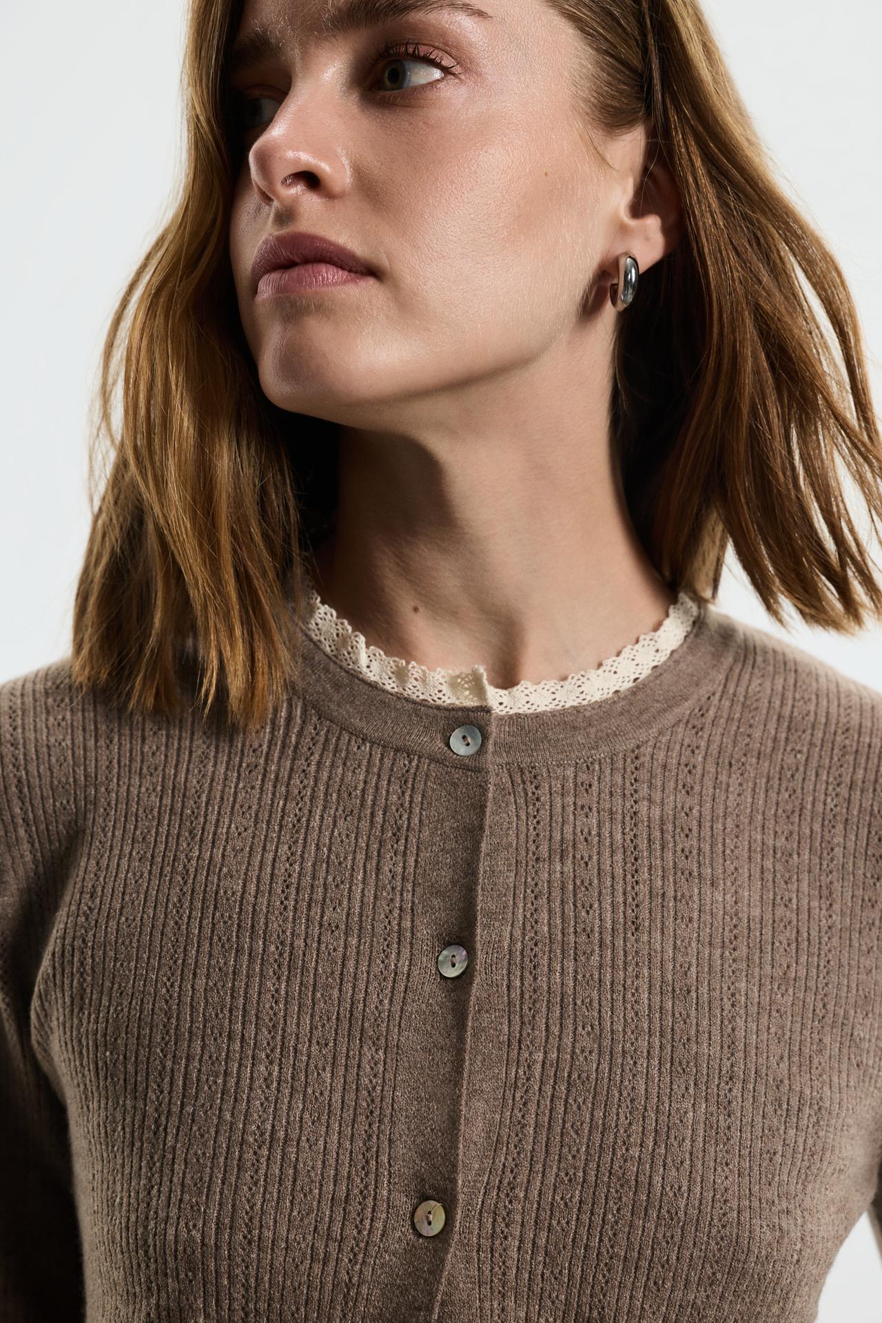 Pointelle knit jacket — TAUPE BROWN
