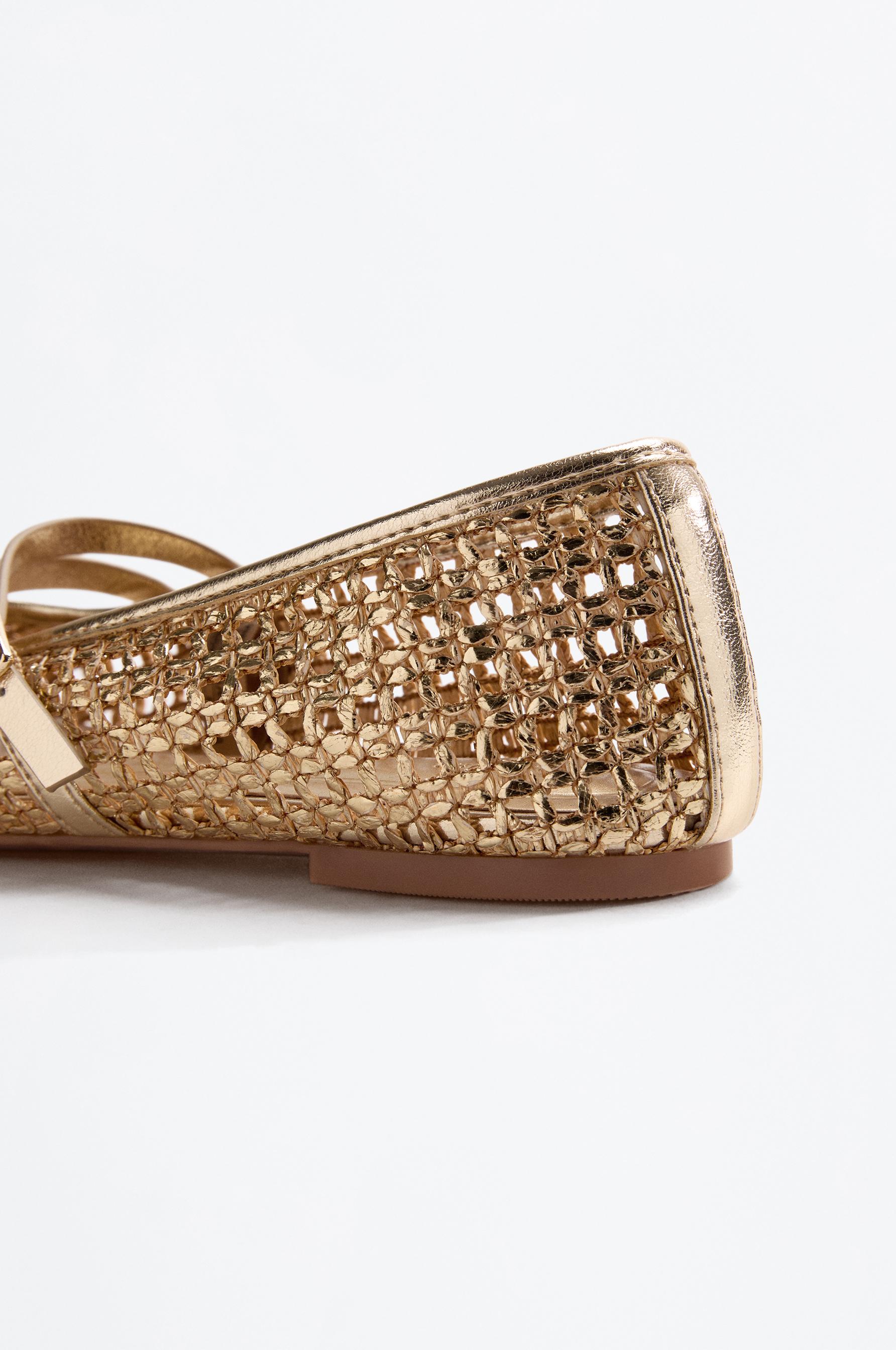 DOUBLE RAFFIA STRAP BALLET FLATS — GOLD