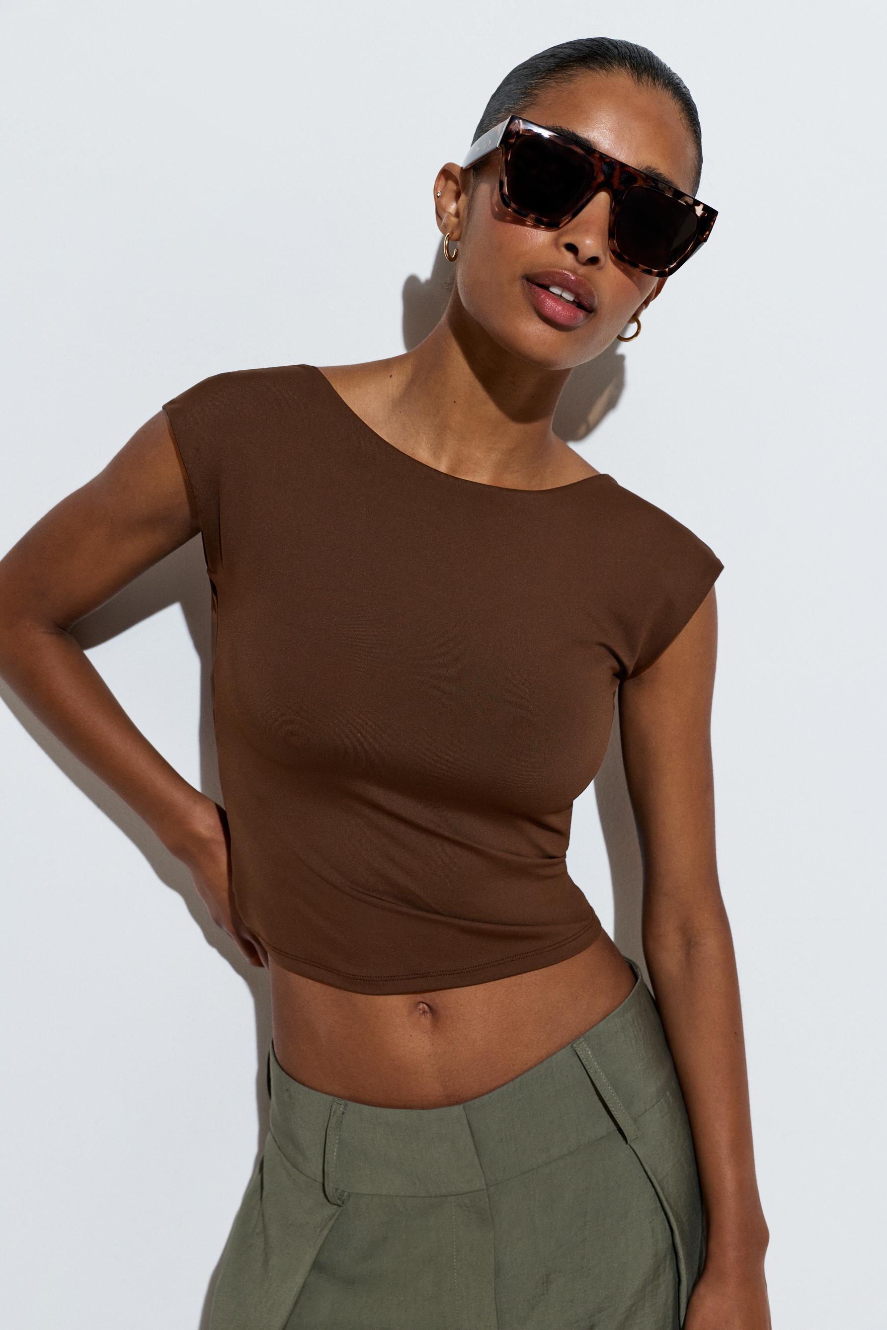 Polyamide T-shirt with open back — BROWN