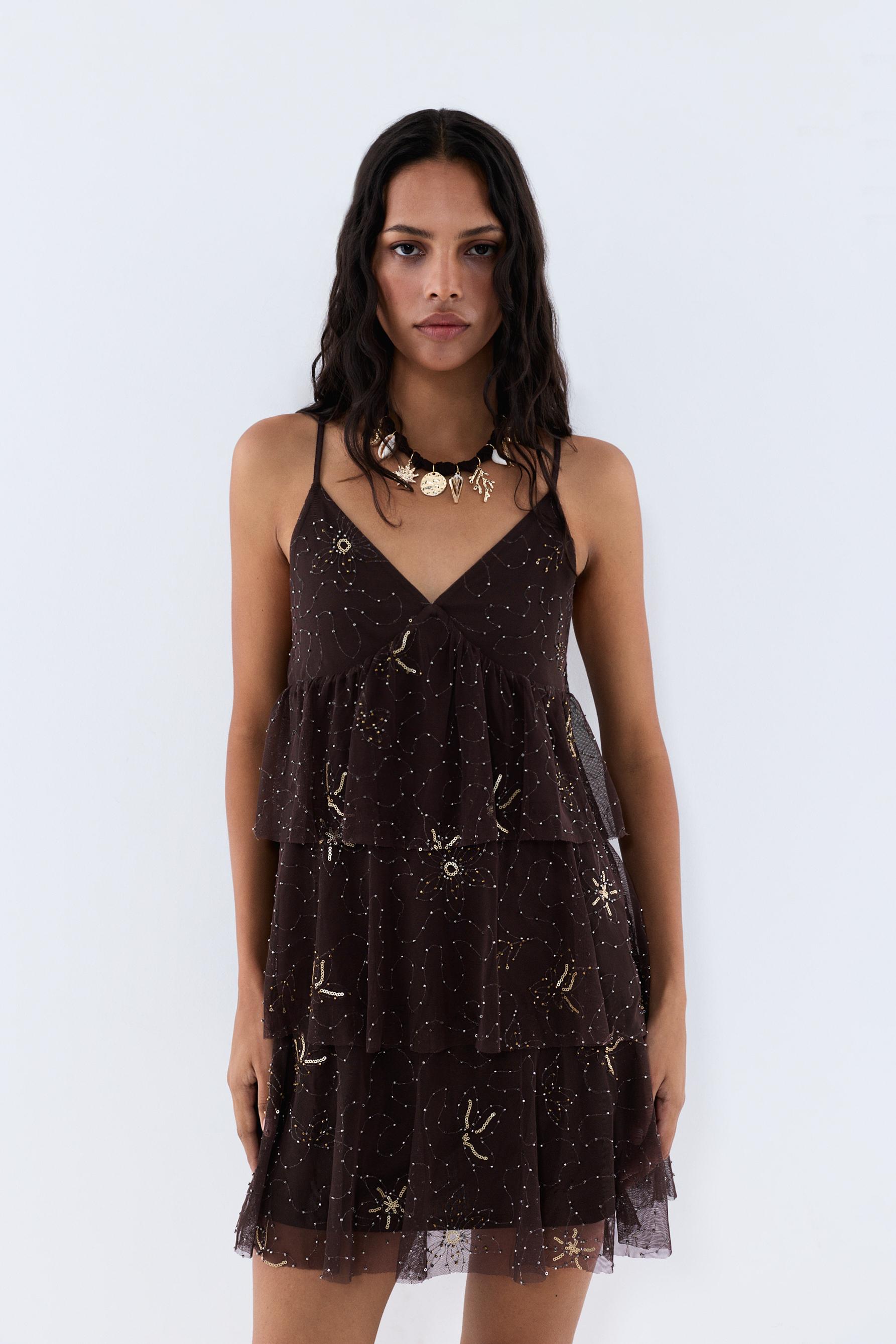 Short dress with rhinestone embroidery — BROWN