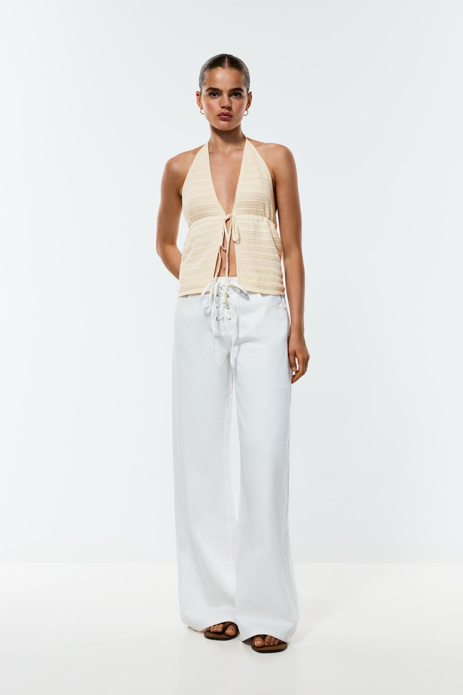 Tie-detail knit top — BEIGE