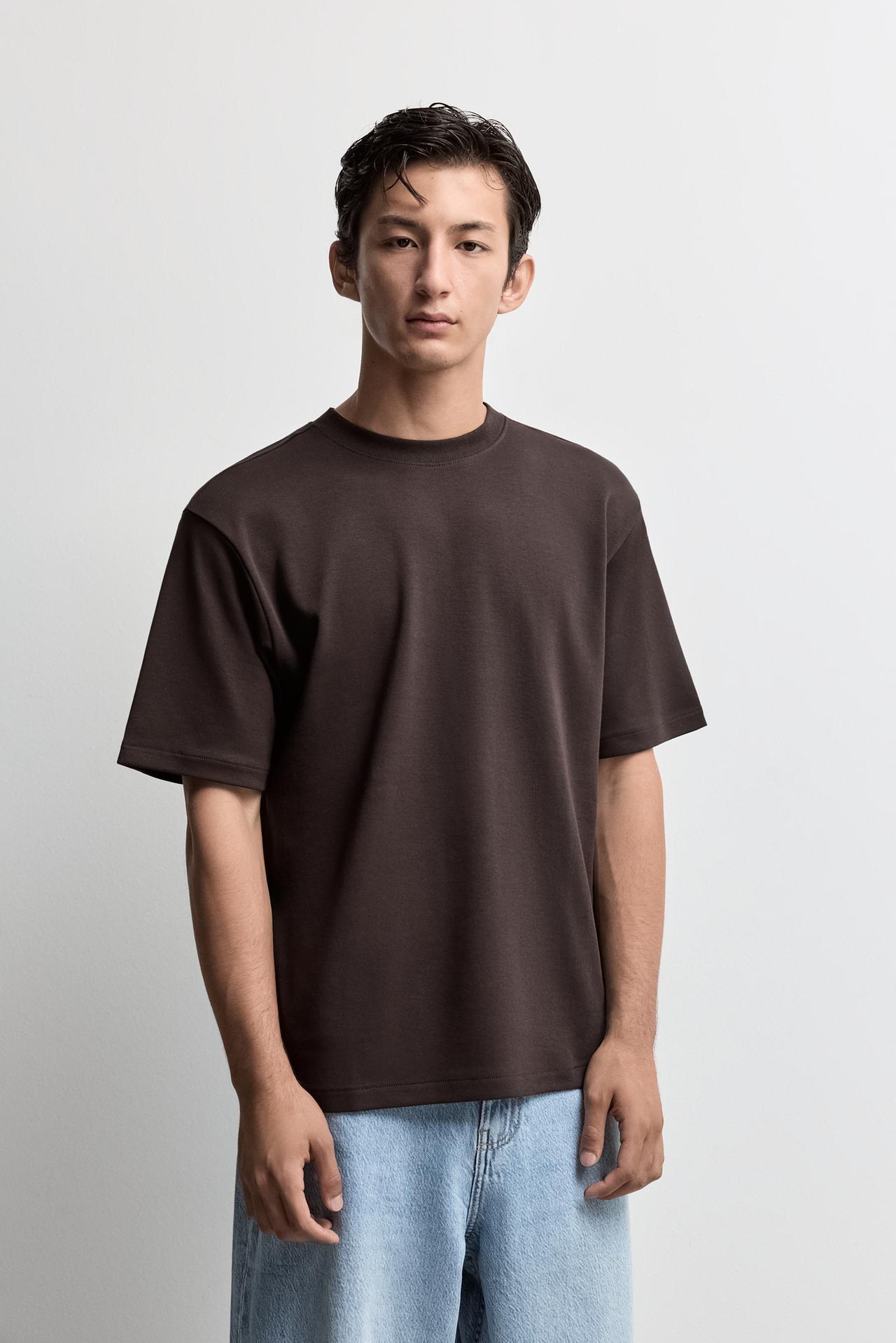 Interlock mock neck T-shirt — DARK BROWN