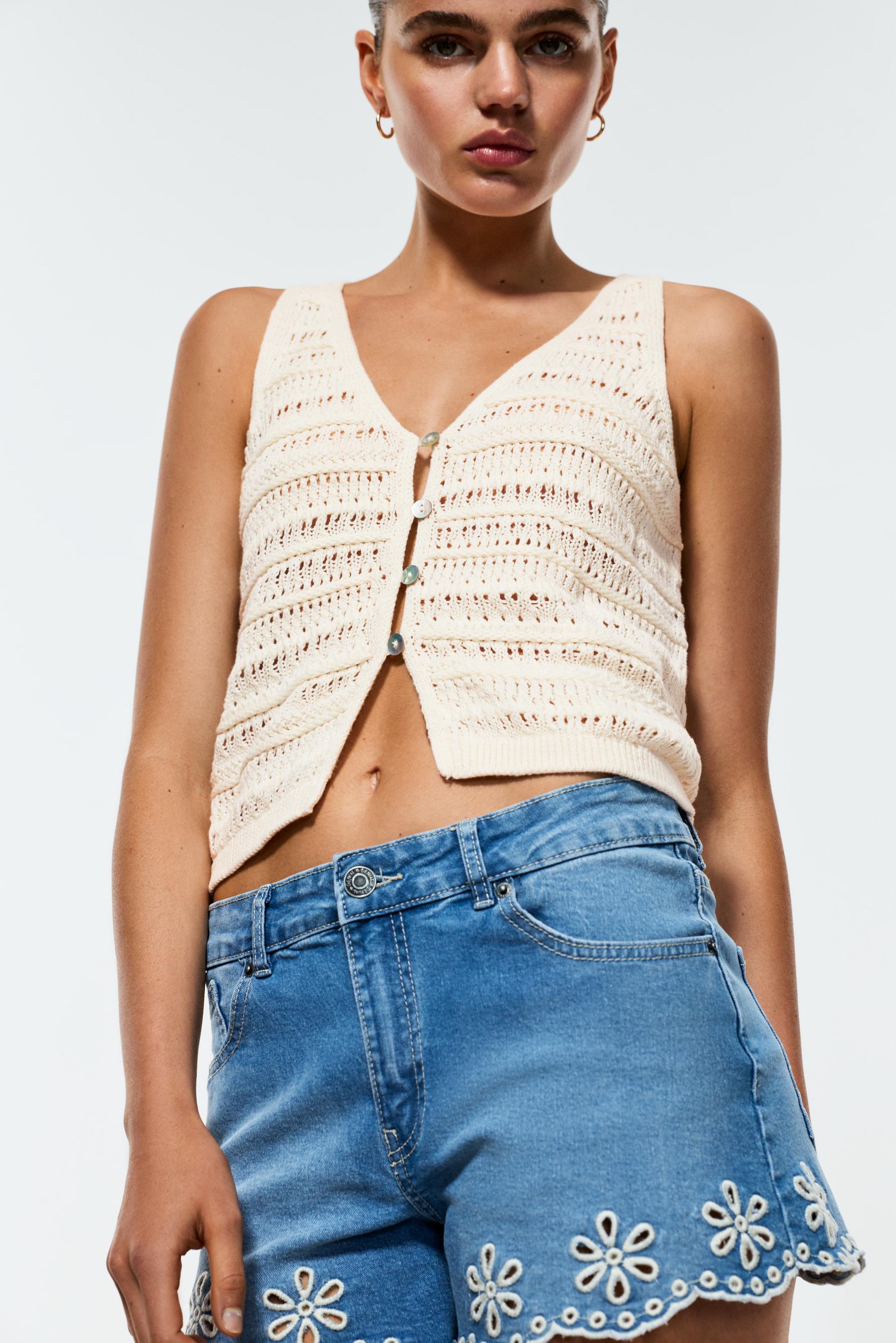 Cutwork knit top — BEIGE