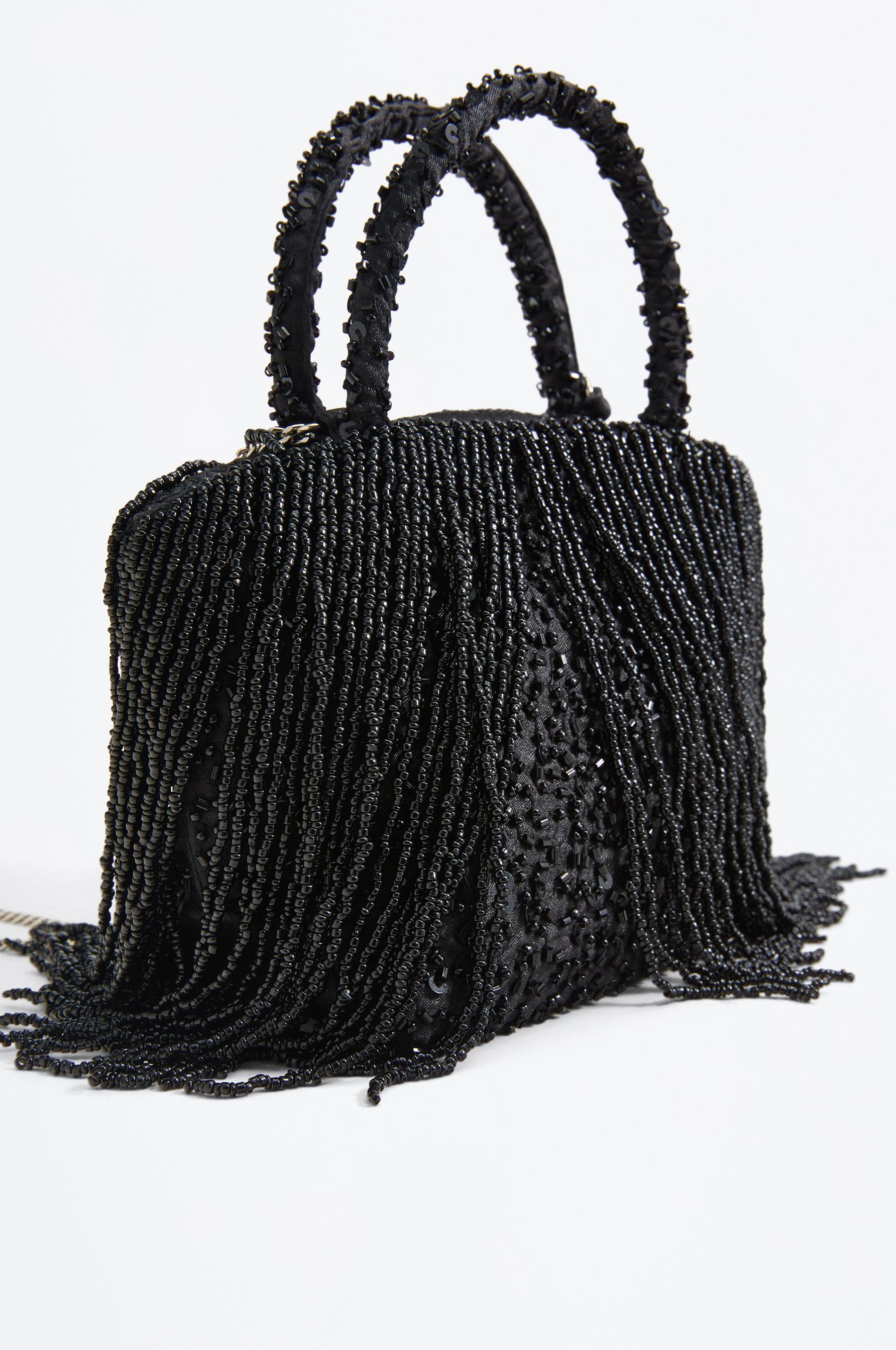 Mini shopper bag with beads and fringe — BLACK