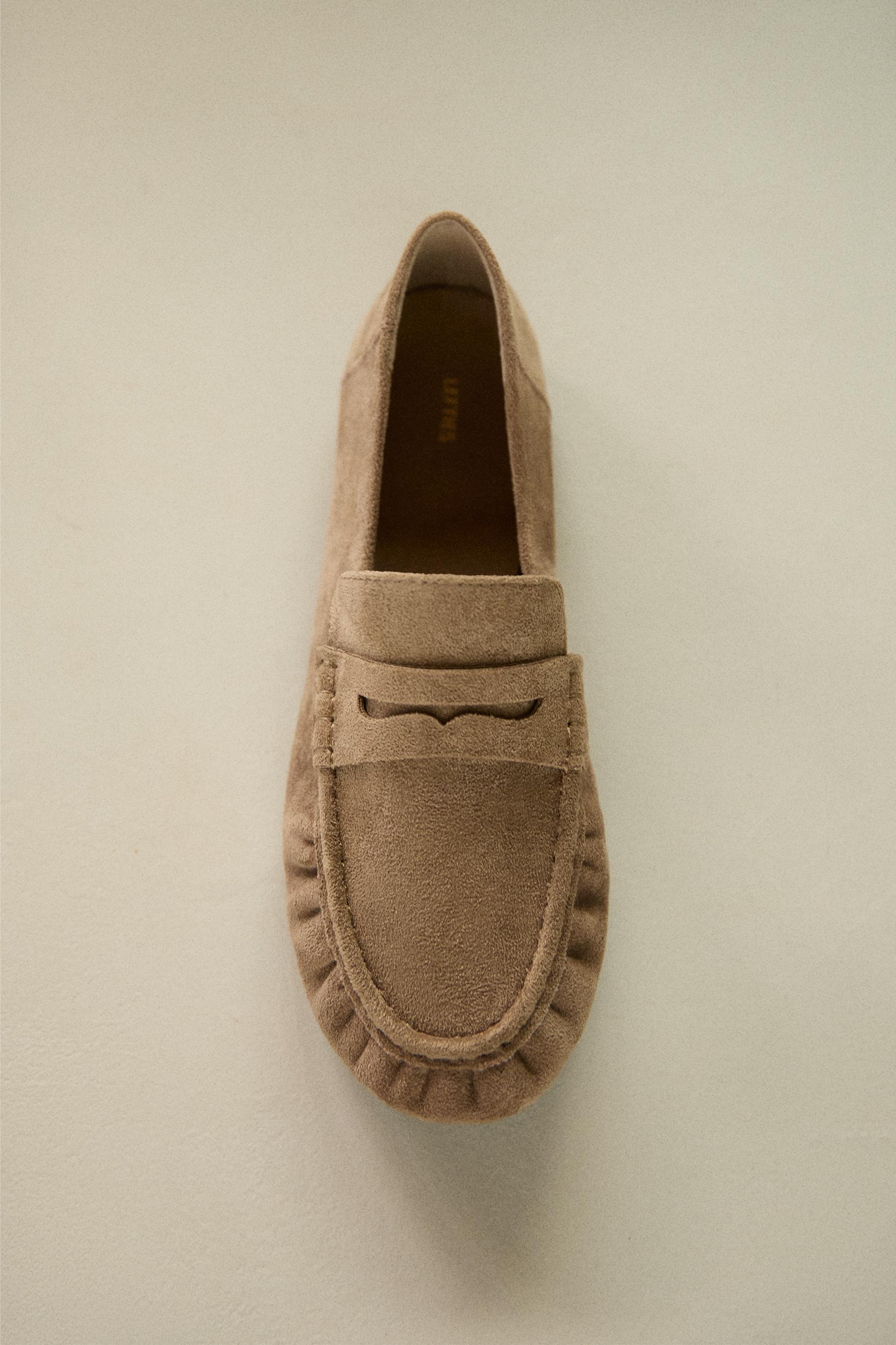 Gathered faux suede moccasins — BROWN
