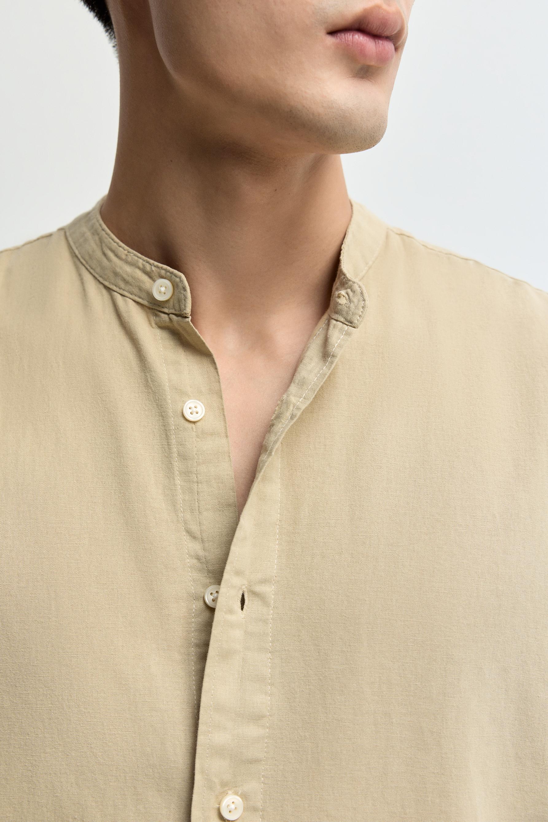 Linen-cotton stand collar shirt — YELLOW