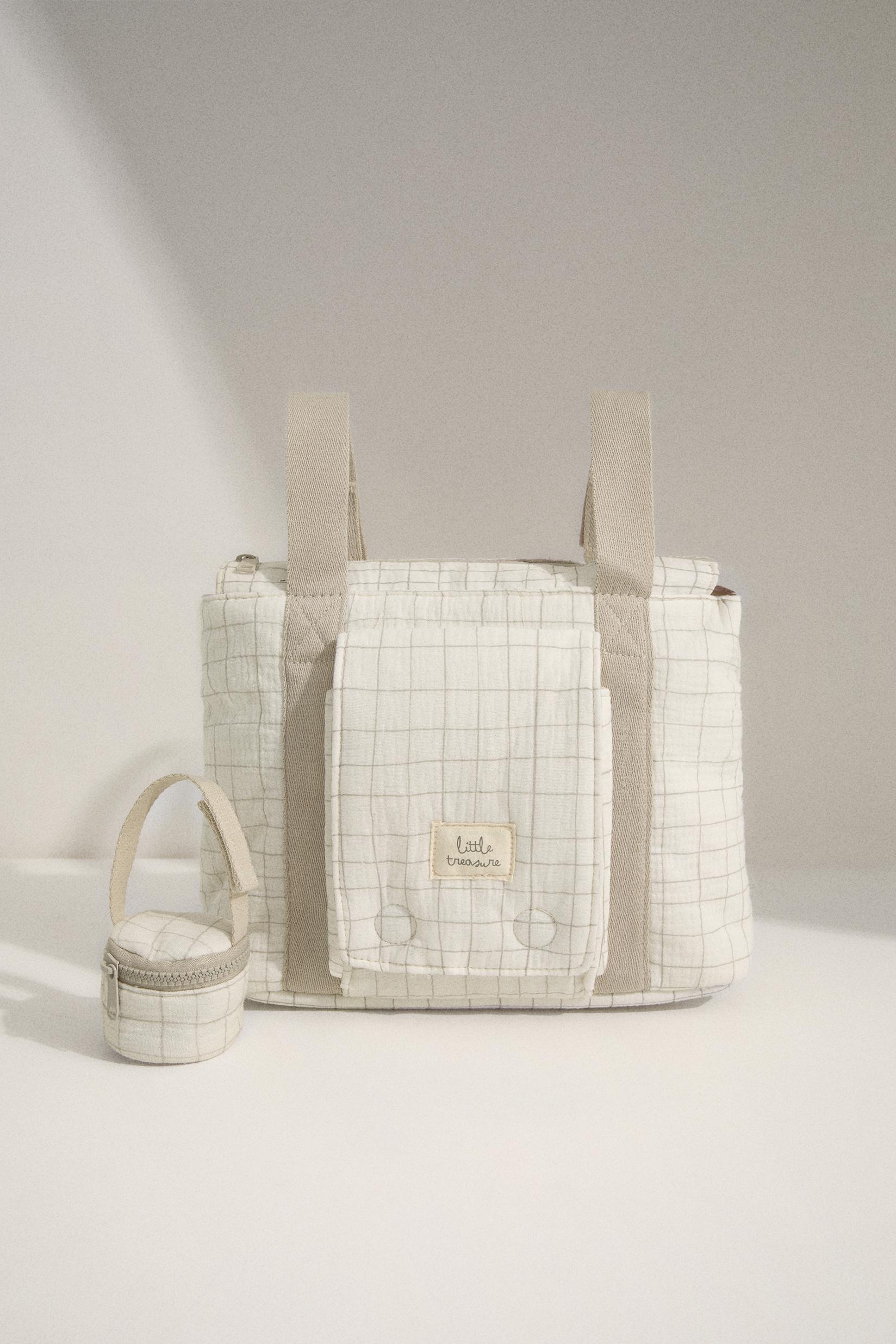 Check print maternity tote bag — ECRU