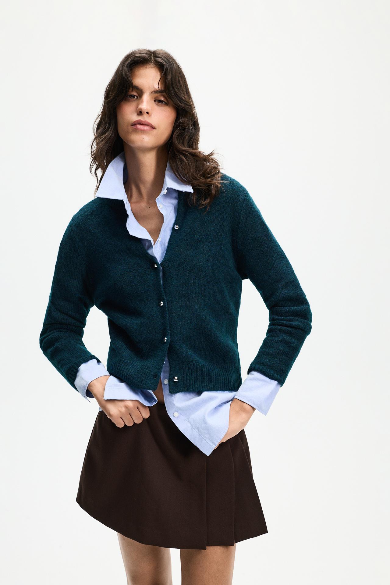 Round neck knit jacket — EMERALD GREEN