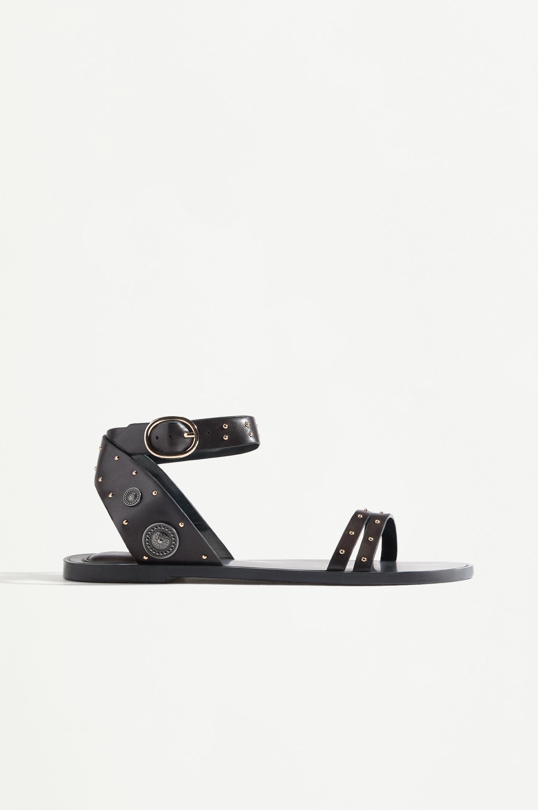 Studded flat slider sandals — BROWN