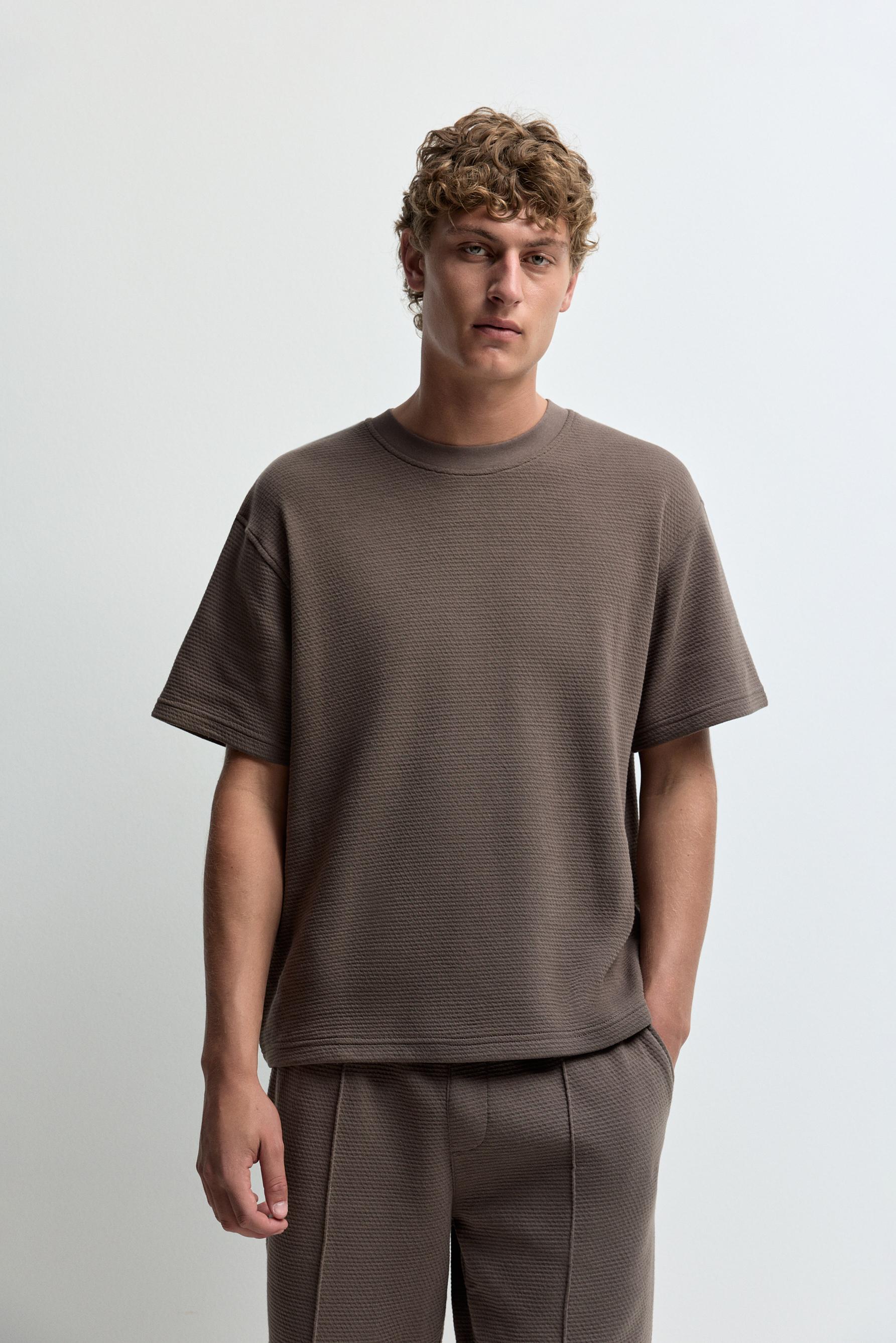 Waffle-knit textured T-shirt — TAUPE BROWN
