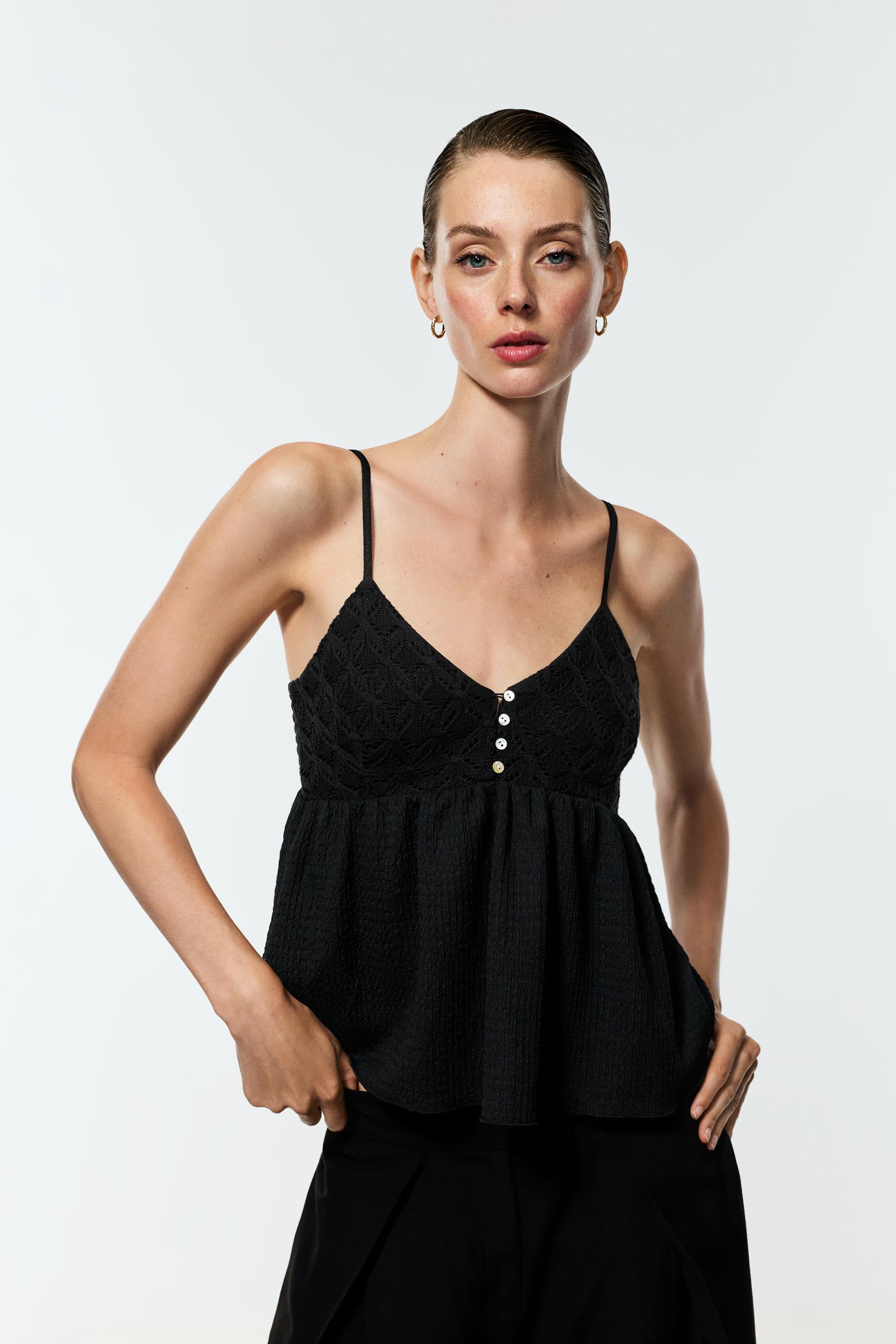 Crochet-effect top — BLACK