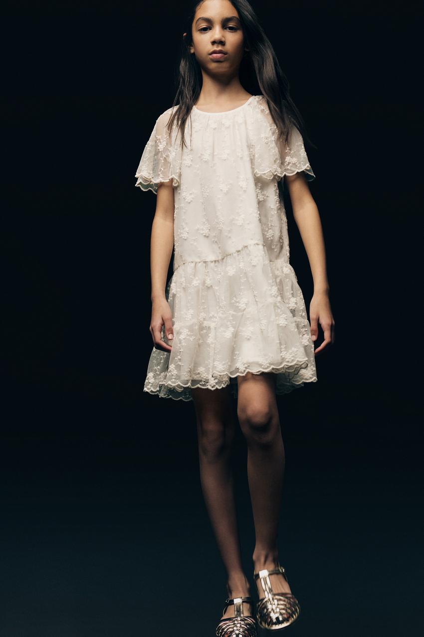buttercup embroidered mini dress Graceful Cap Sleeve Communion Dress with Embroidered Tulle – BLUSH KIDS INC