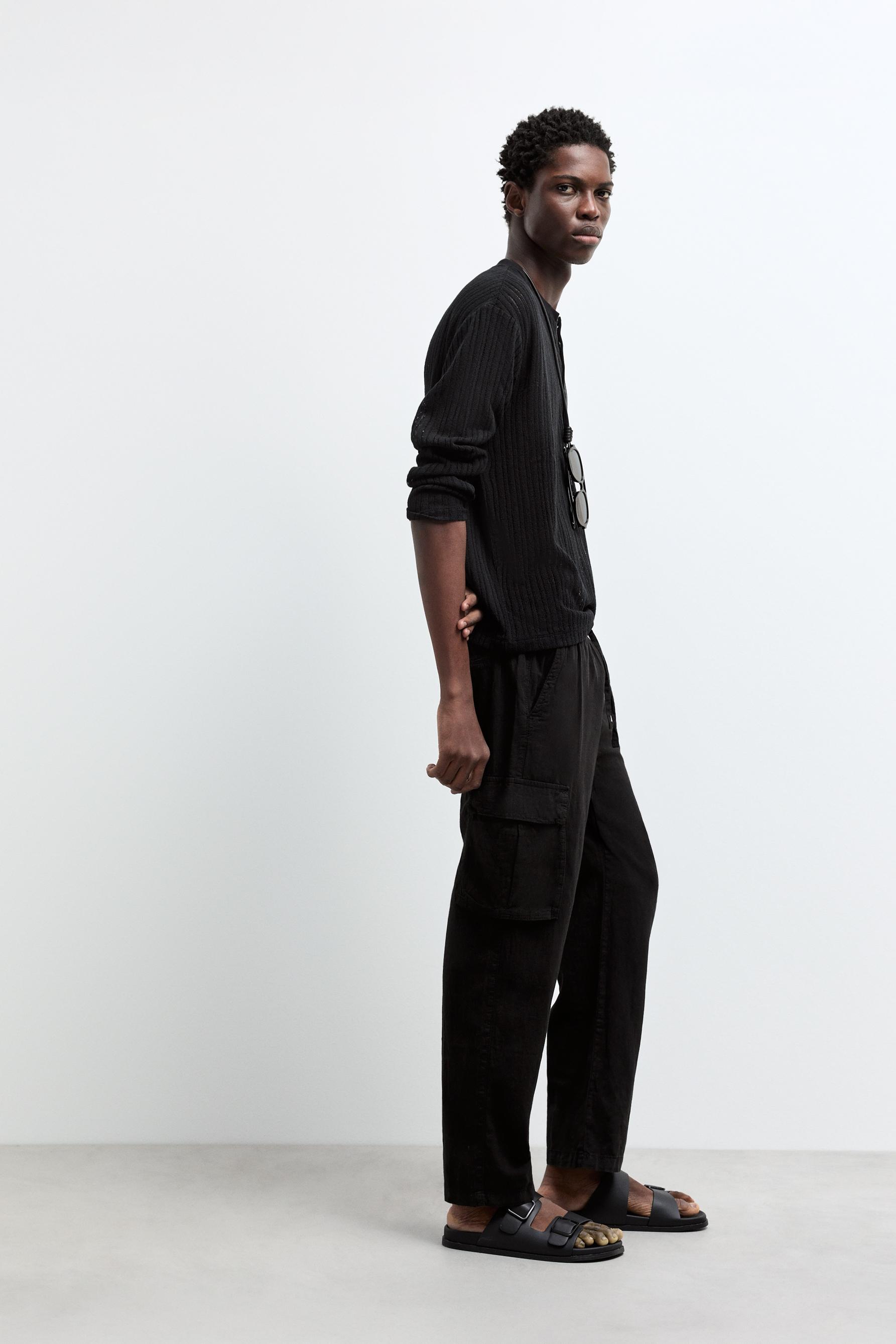 Linen-cotton cargo jogger trousers — BLACK