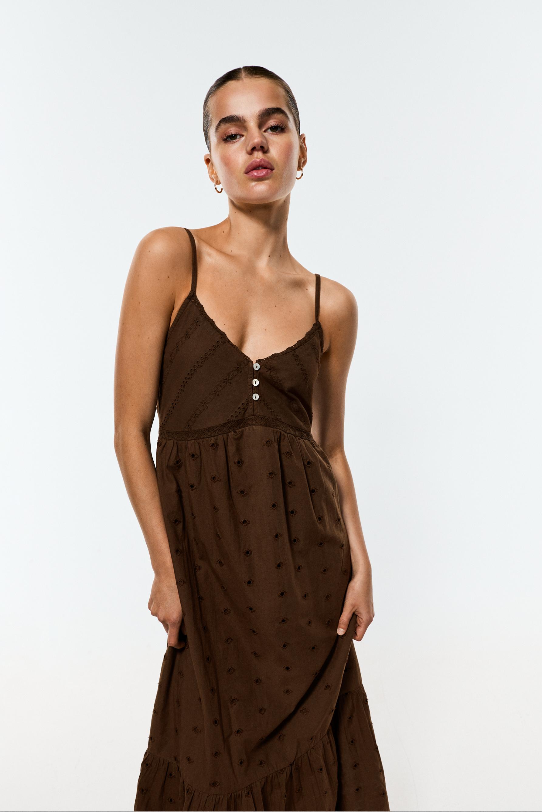 Swiss embroidery midi dress — DARK BROWN