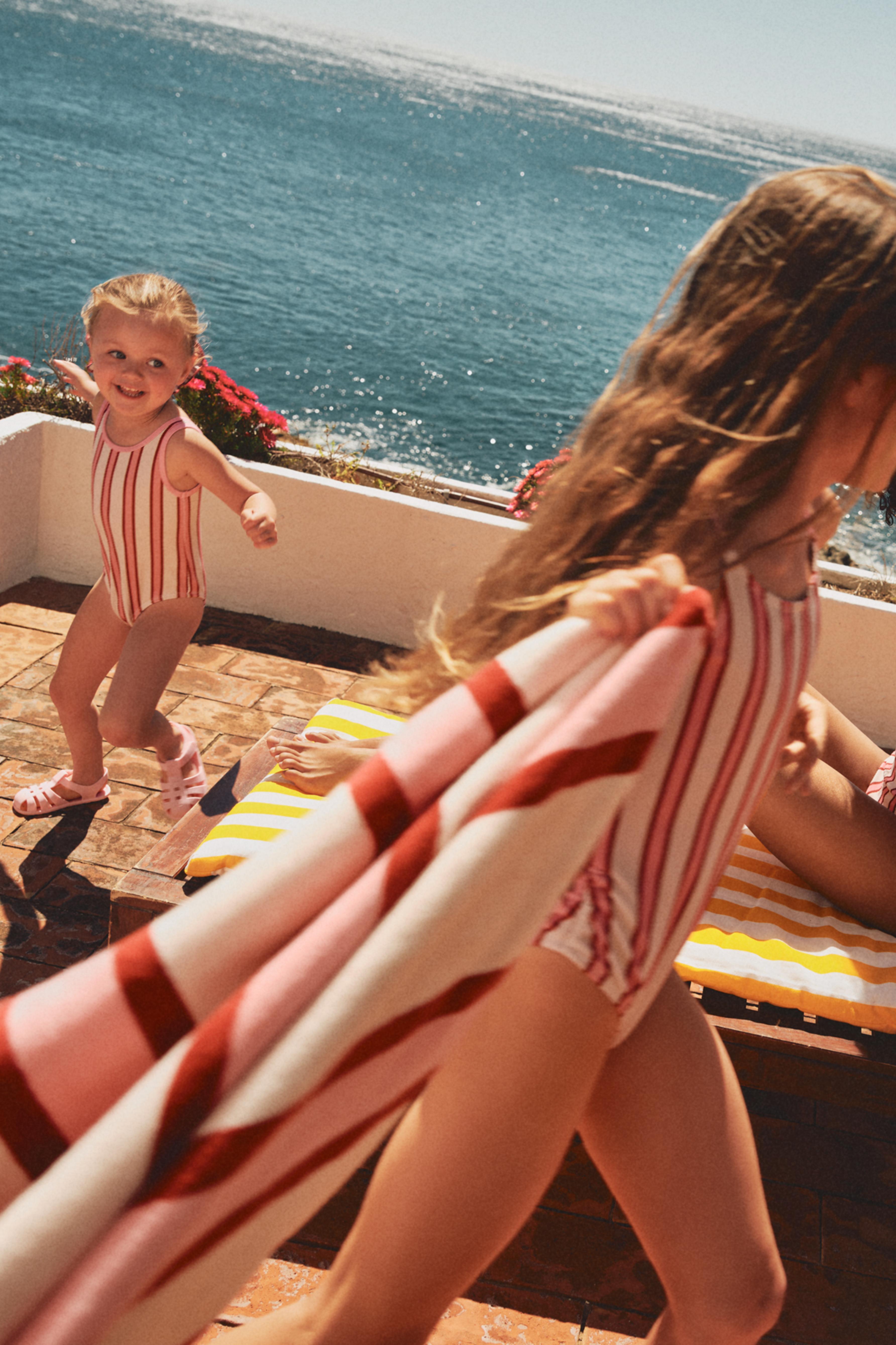 Girl's Pink Striped Swimsuit — PINKISH WHITE