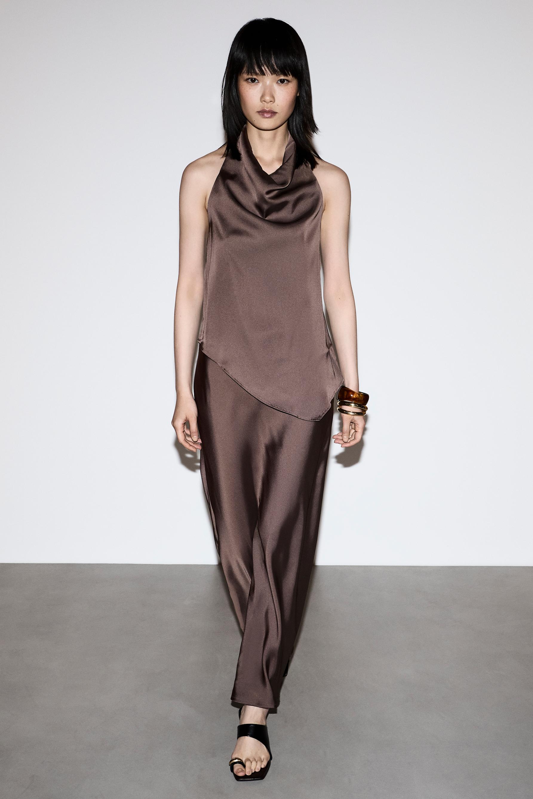 Satin midi skirt — BROWN