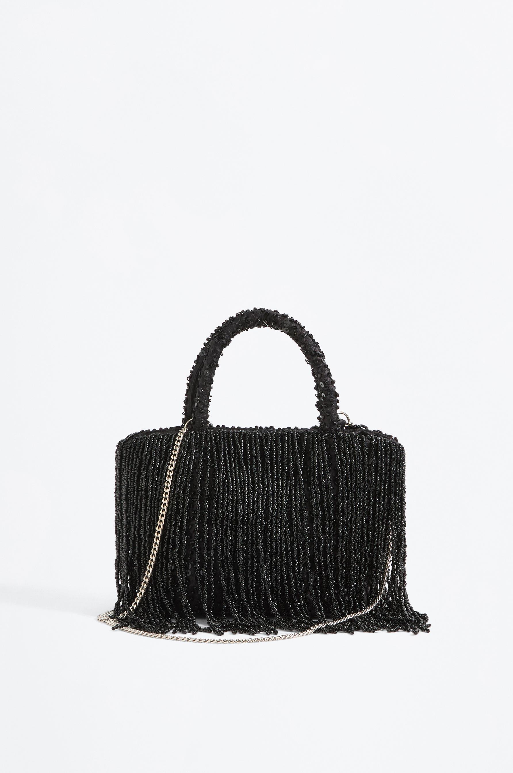 Mini shopper bag with beads and fringe — BLACK